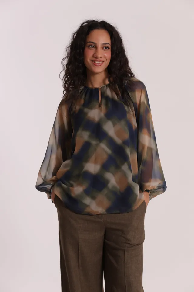 Mimi Mua Blusa Scollo Tondo blusa check blu/cammello