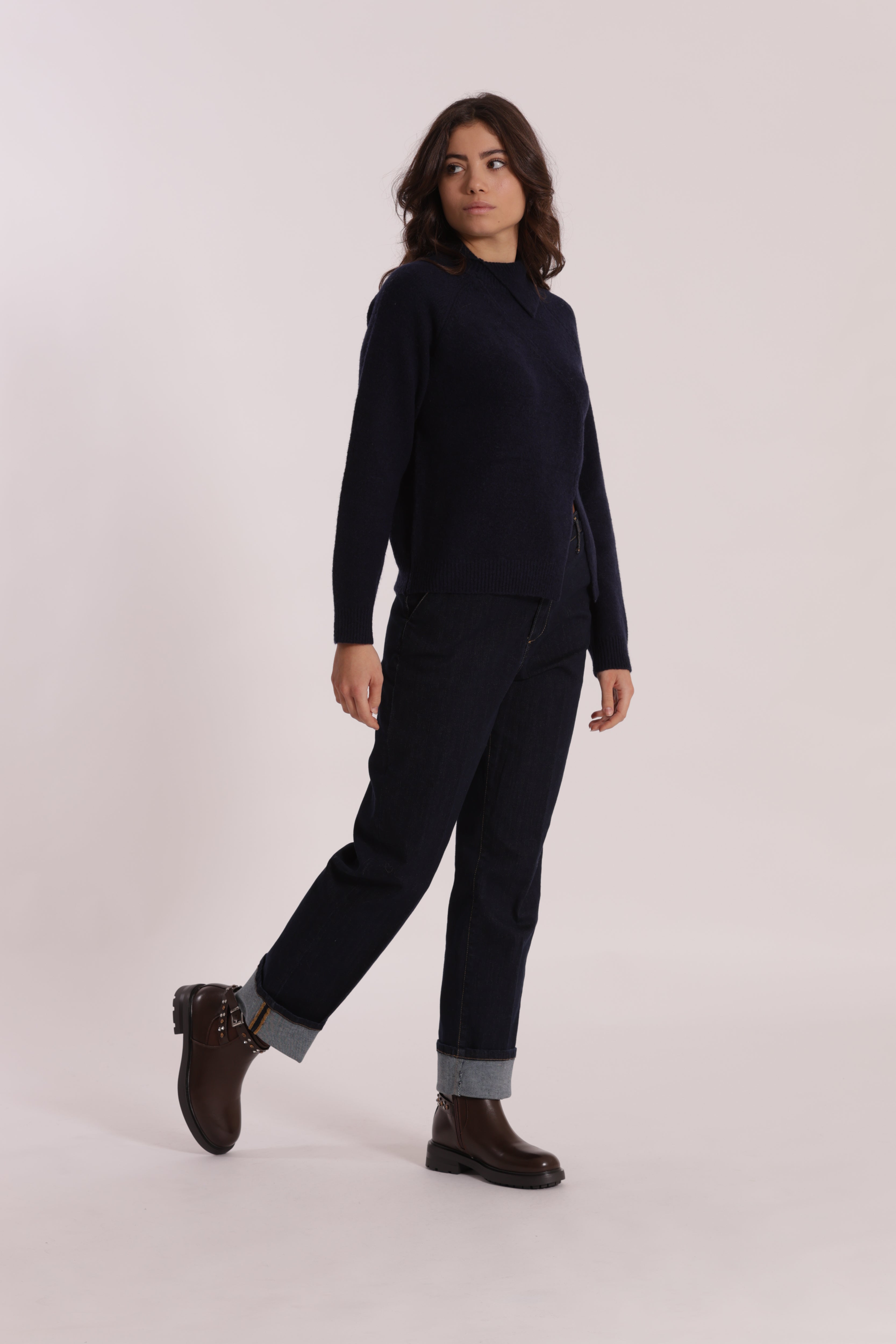 Mimi Mua Jeans Wide Leg Risvolto Blu Scuro Denim