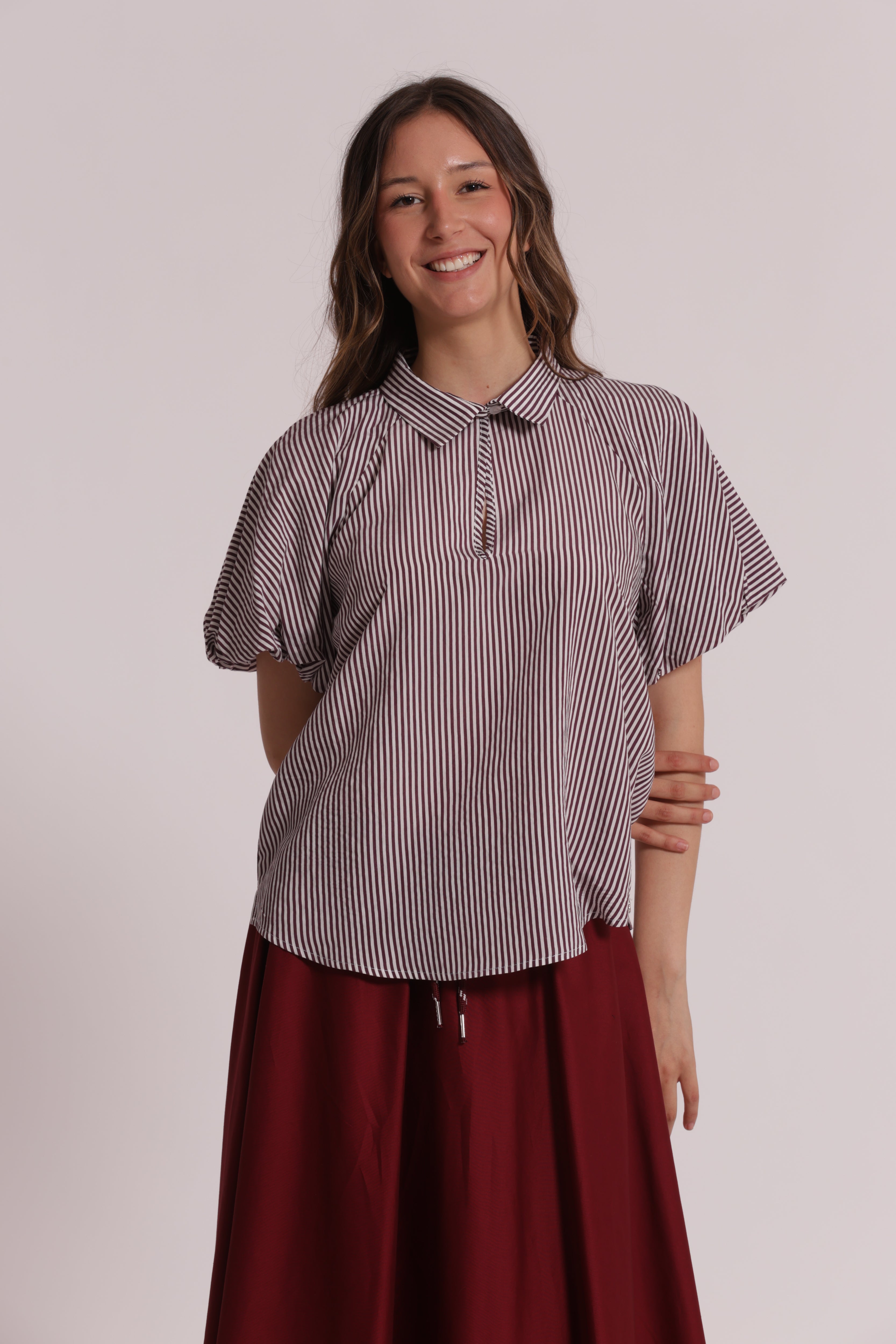 Mimi Mua Blusa Maniche Palloncino a Righe Beige Latte