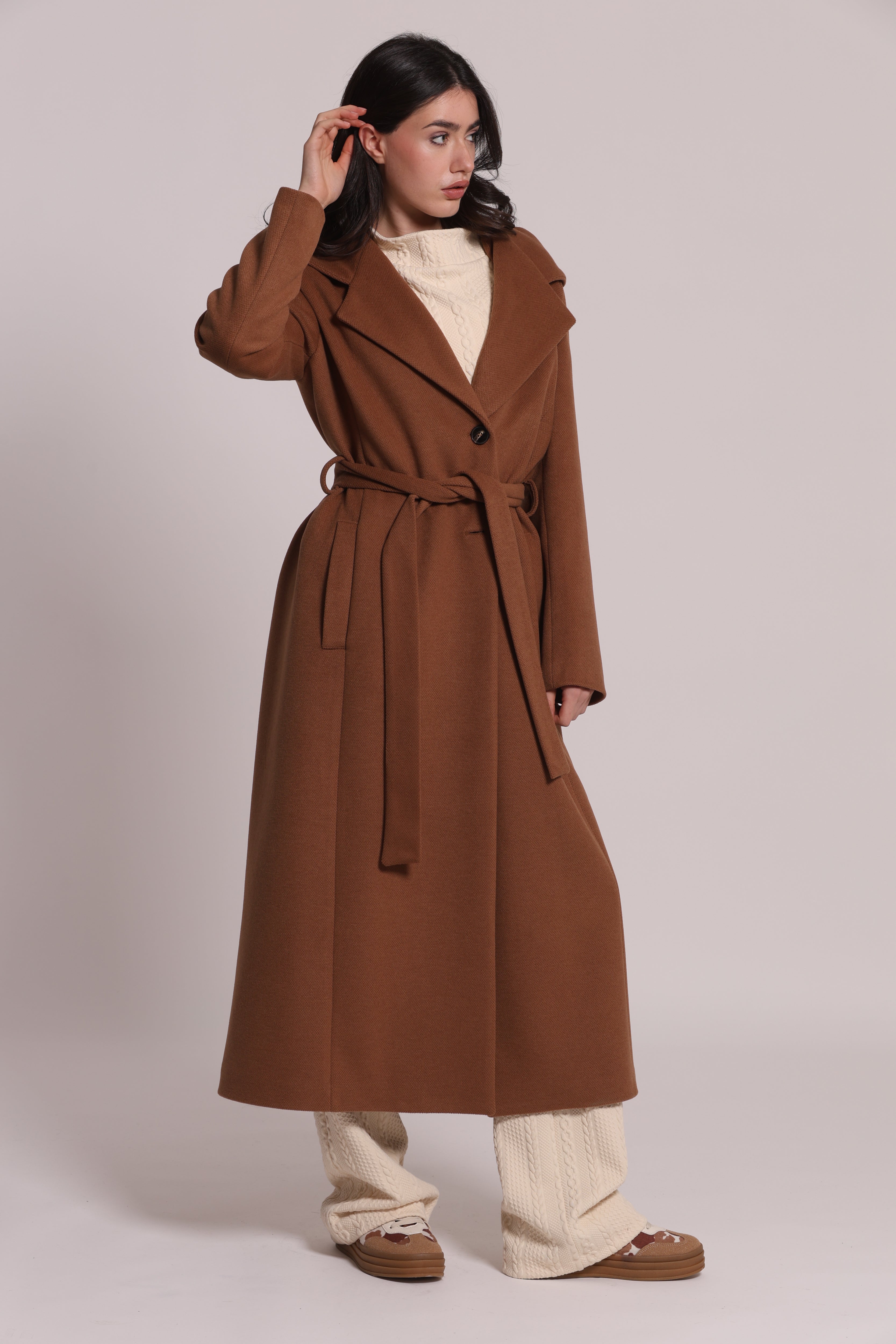 Mimi Mua Cappotto Lungo con Cappuccio Nero con cintura