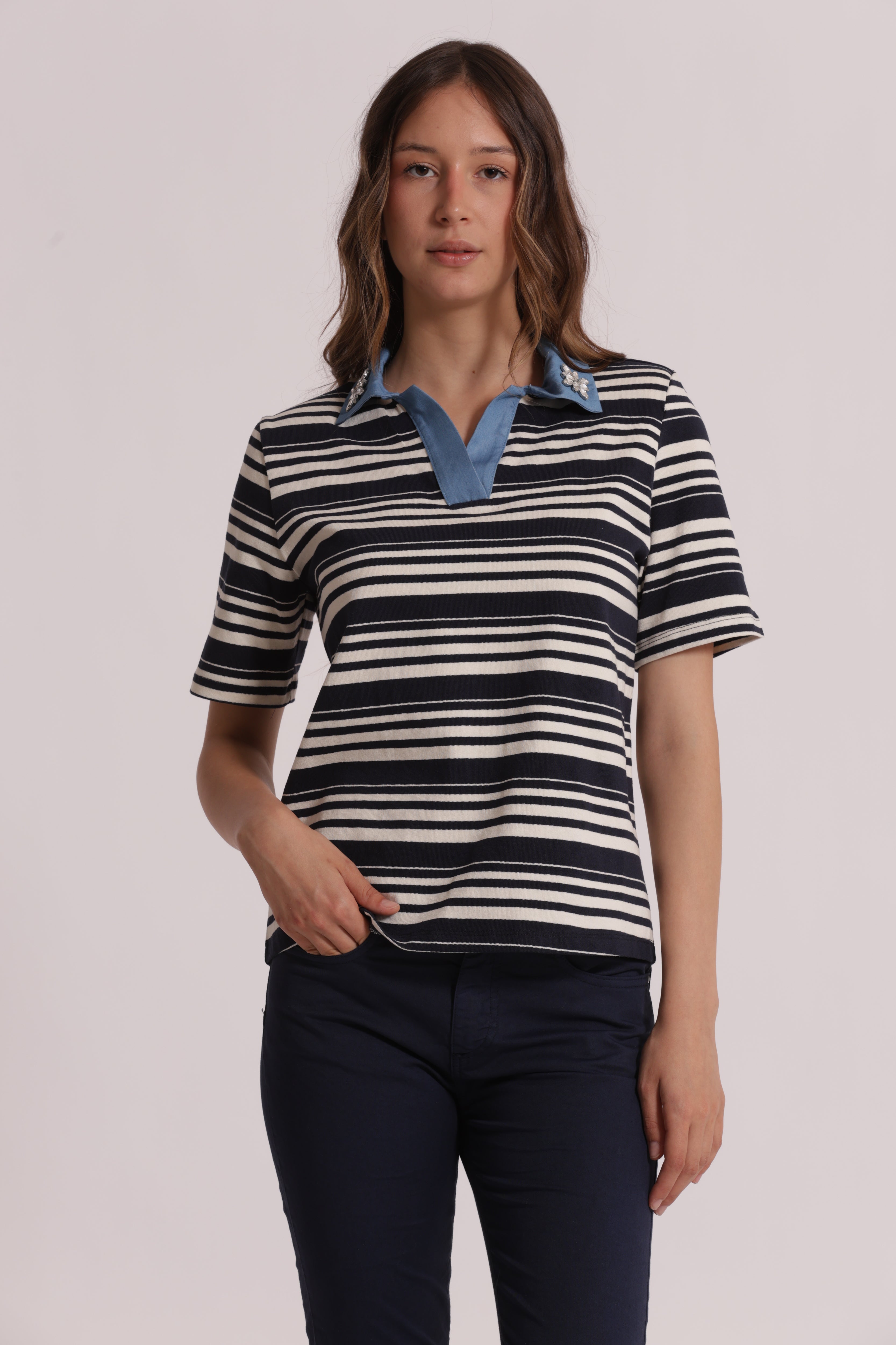 Mimi Mua T-Shirt a Righe Colletto Denim Strass Blu/Panna
