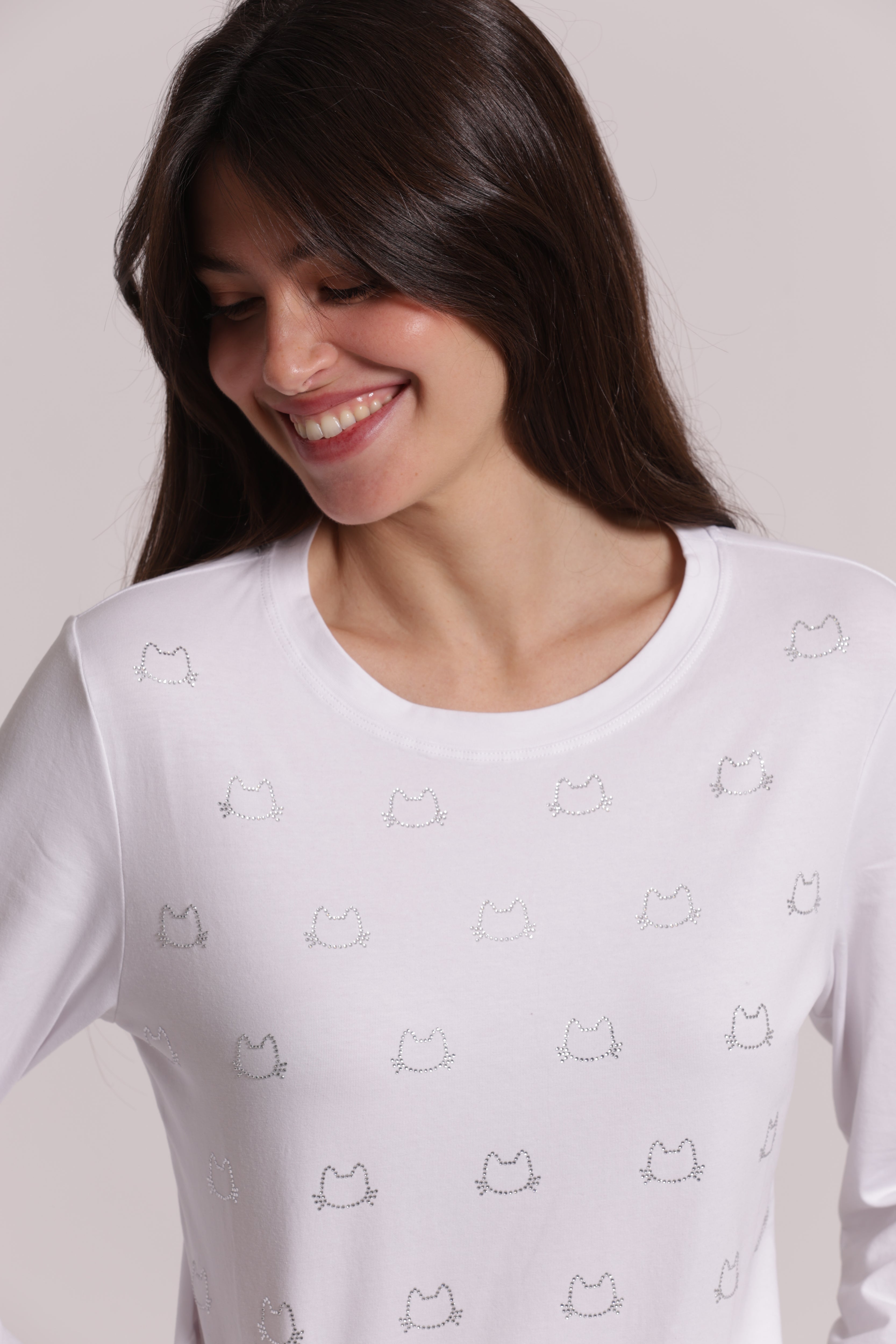 Mimi Mua T-shirt Scollo V Gatti Strass Maniche Lunghe