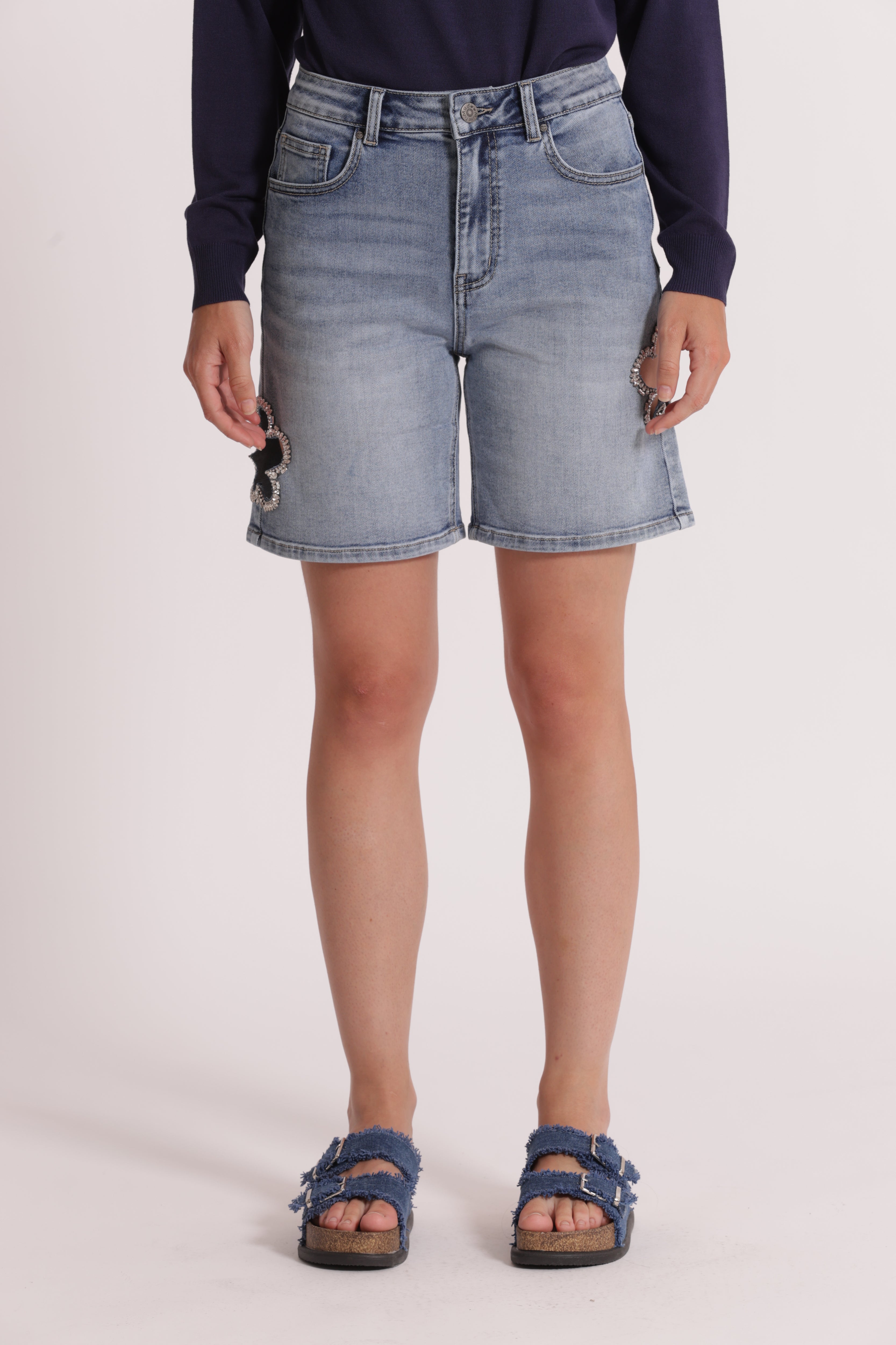Mimi Mua Bermuda Cut Out Gioiello Pantaloni Blu Medio Cotone