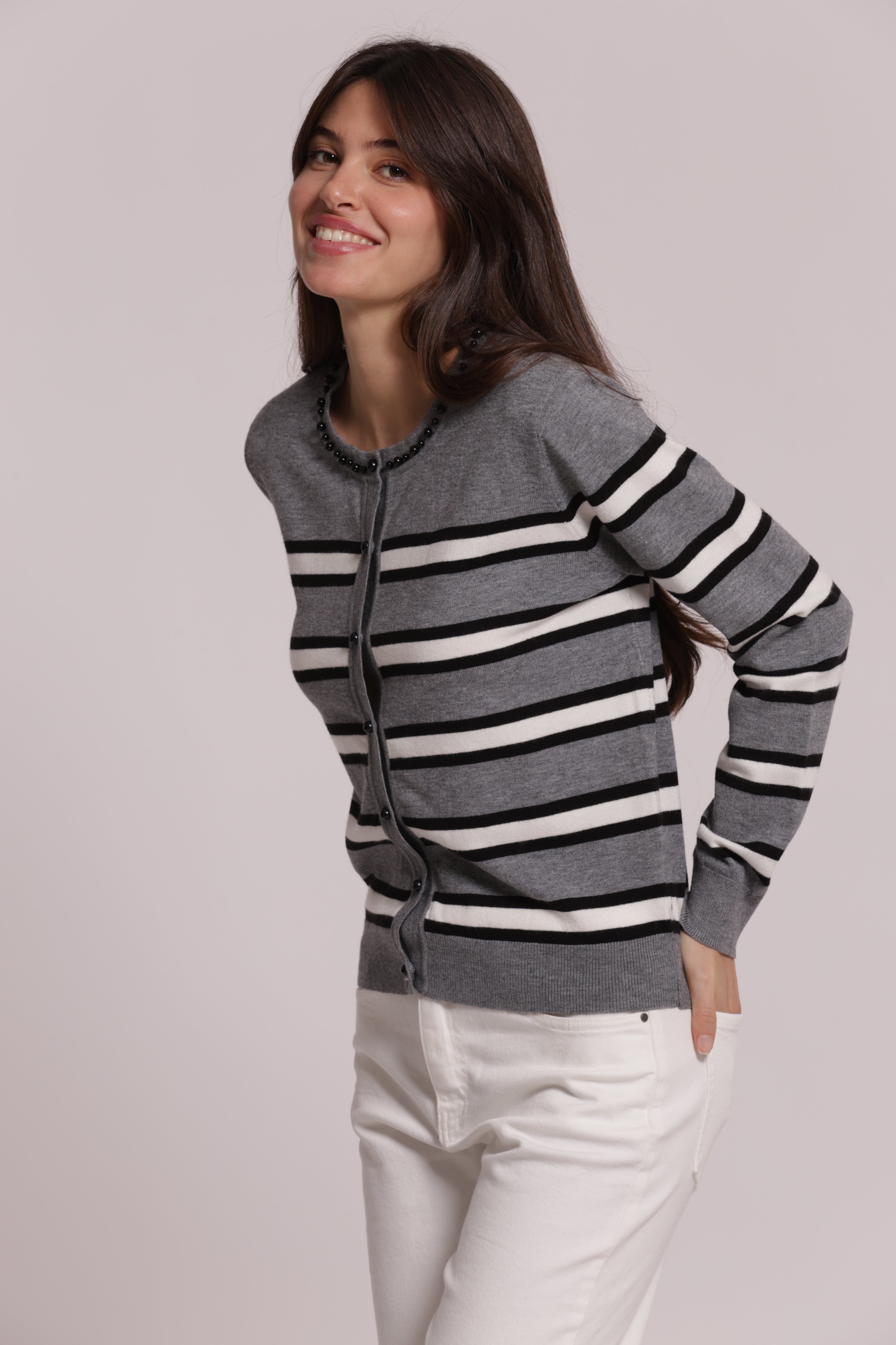 Mimi Mua Cardigan Righe Perle maglia moro