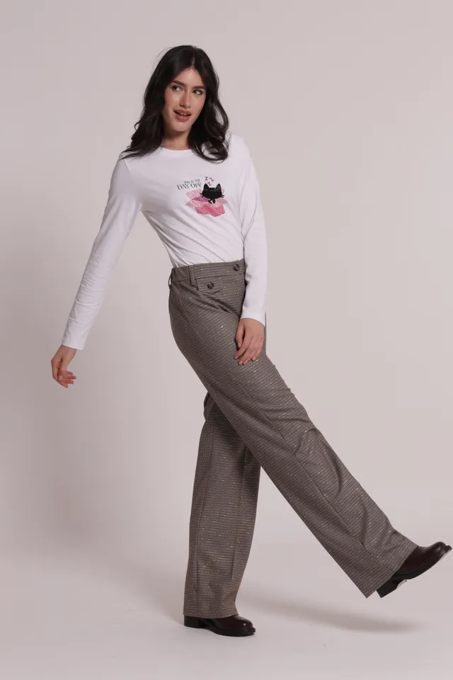 Mimi Mua Palazzo Pied de Poule Lurex Pantaloni Bordeaux Beige