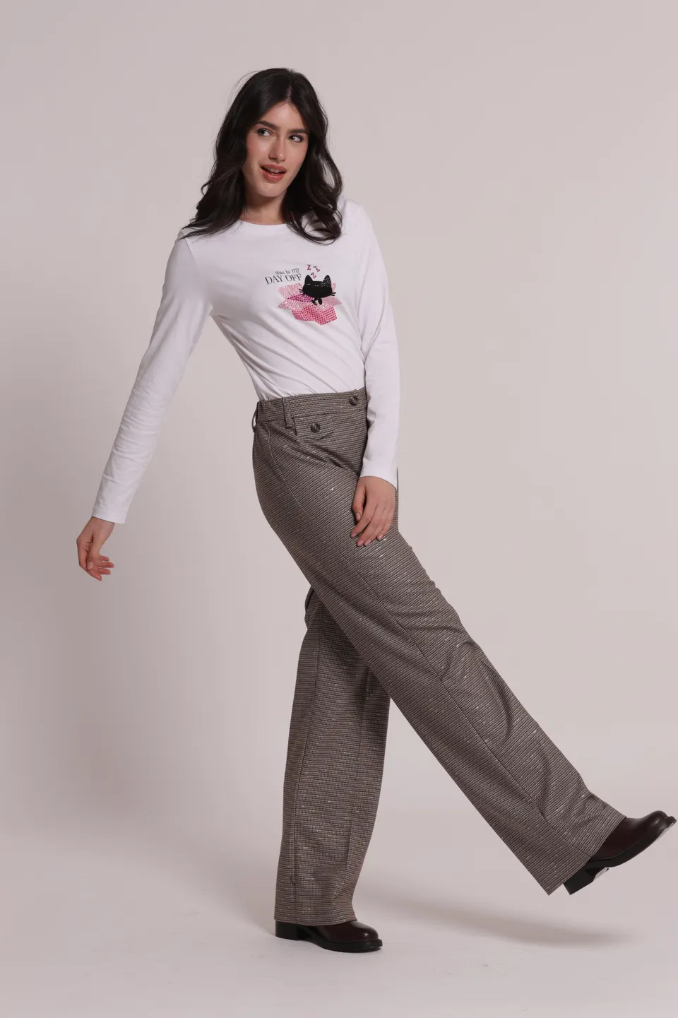 Mimi Mua Palazzo Pied de Poule Lurex Pantaloni Bordeaux Beige