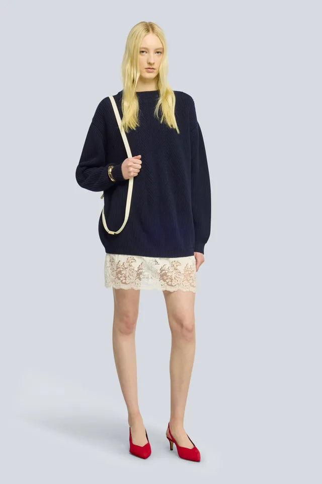 Semicouture Magnolia maglia lana merinos pizzo blu burro