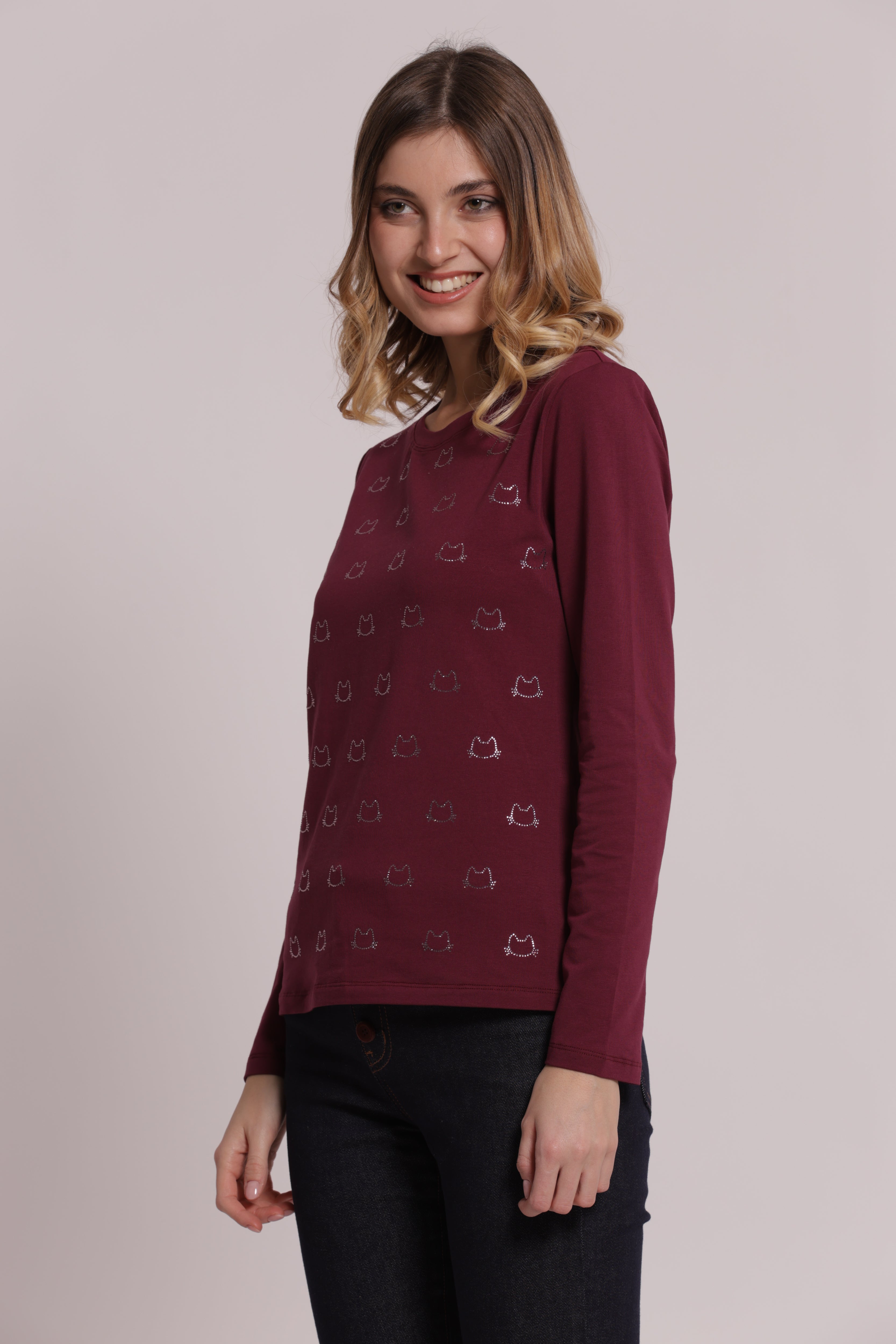 Mimi Mua T-shirt Scollo V Gatti Strass Maniche Lunghe