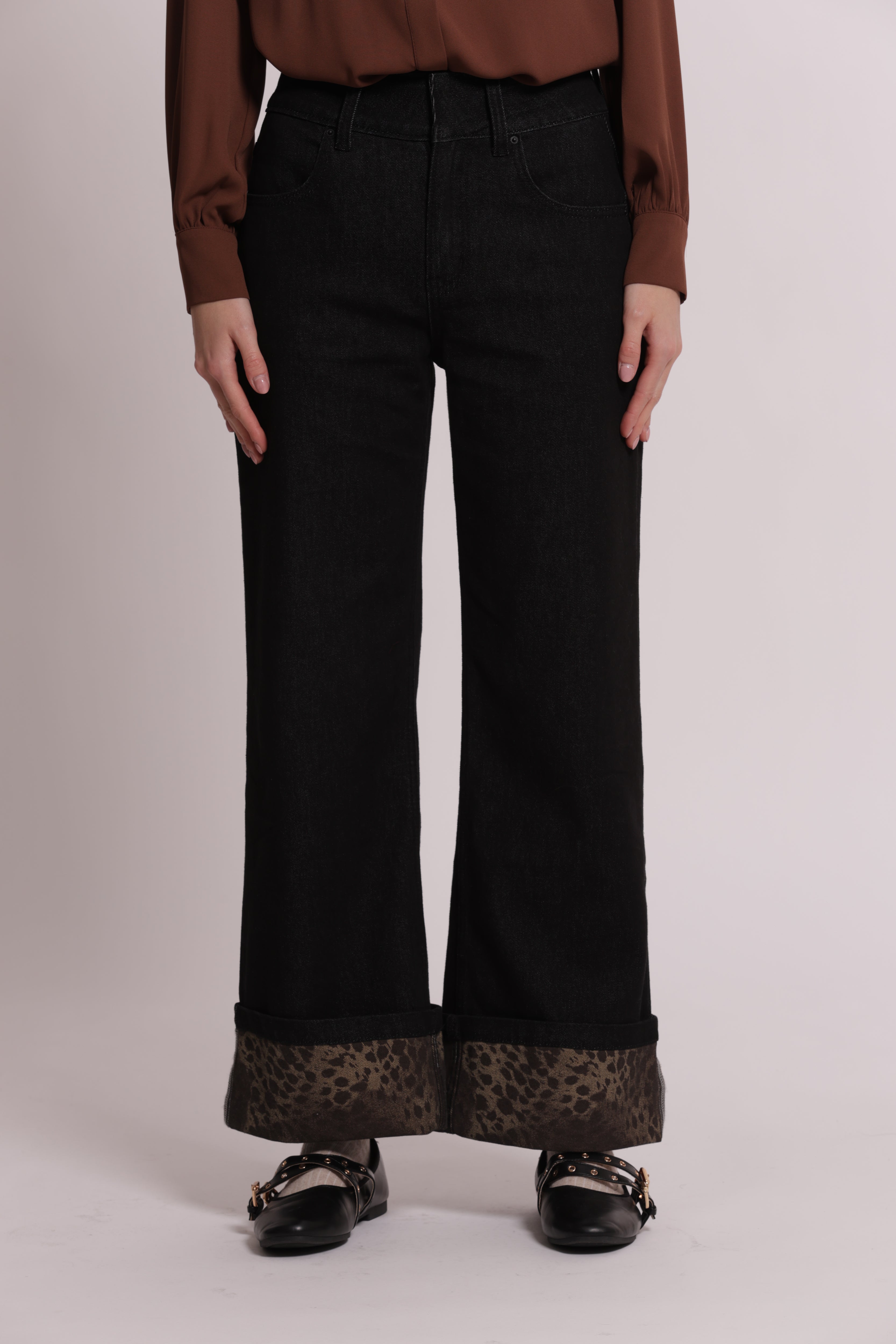 Mimi Mua Jeans Risvolto Animalier Nero S cotone slim