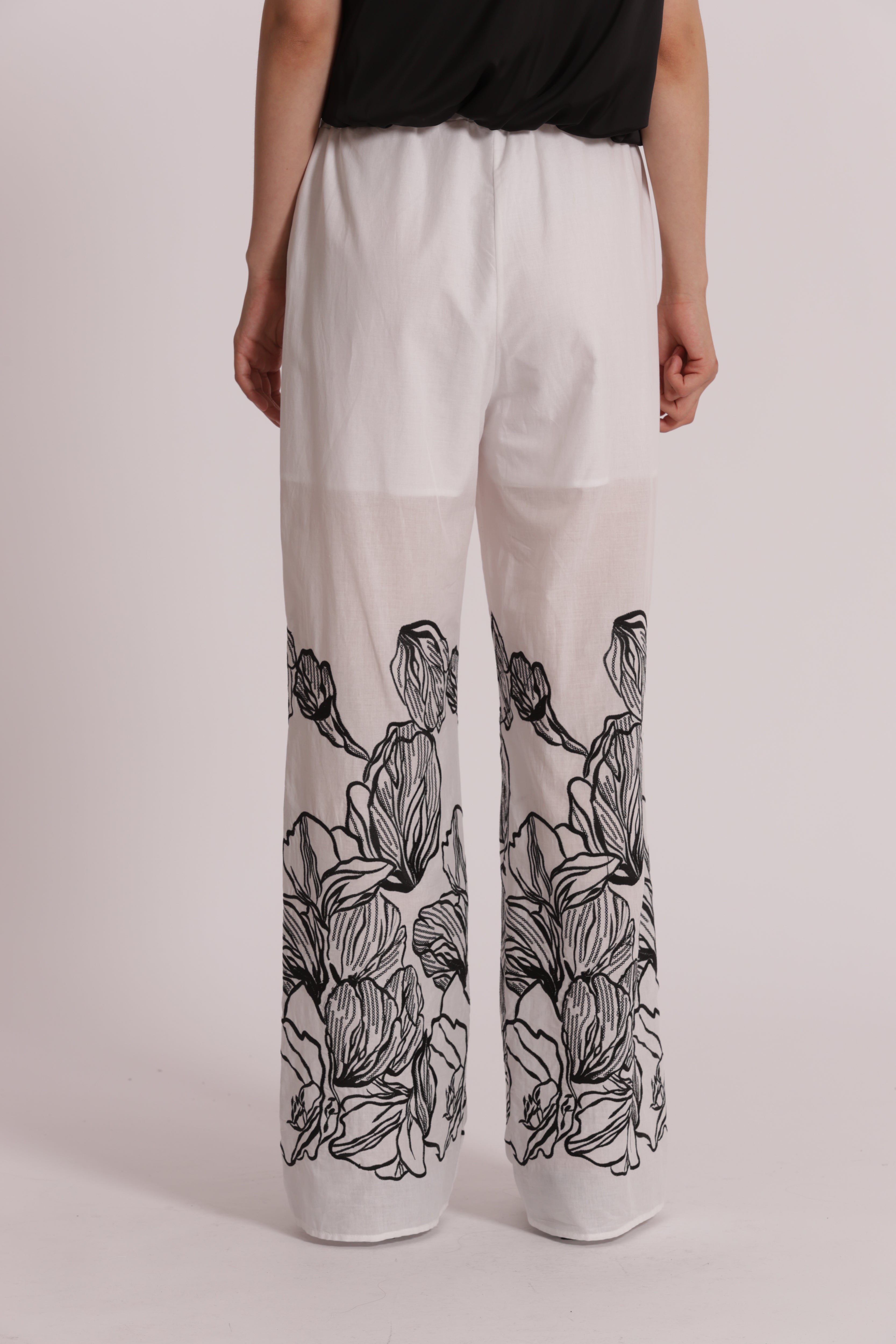 Mimi Mua Pantalone Lungo con Ricamo cotone bianco