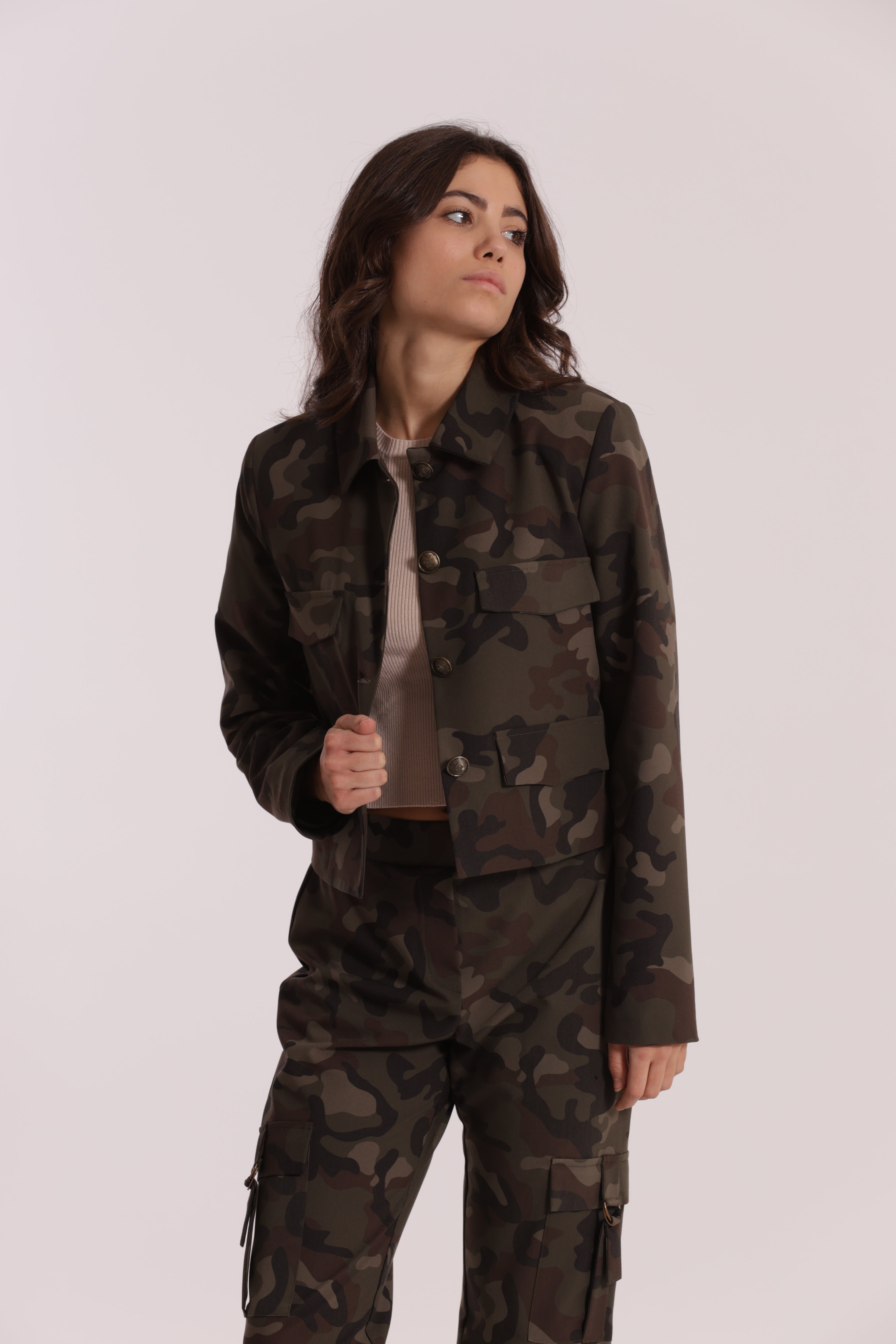 Mimi Mua Giacca Cropped Camouflage Verde Militare