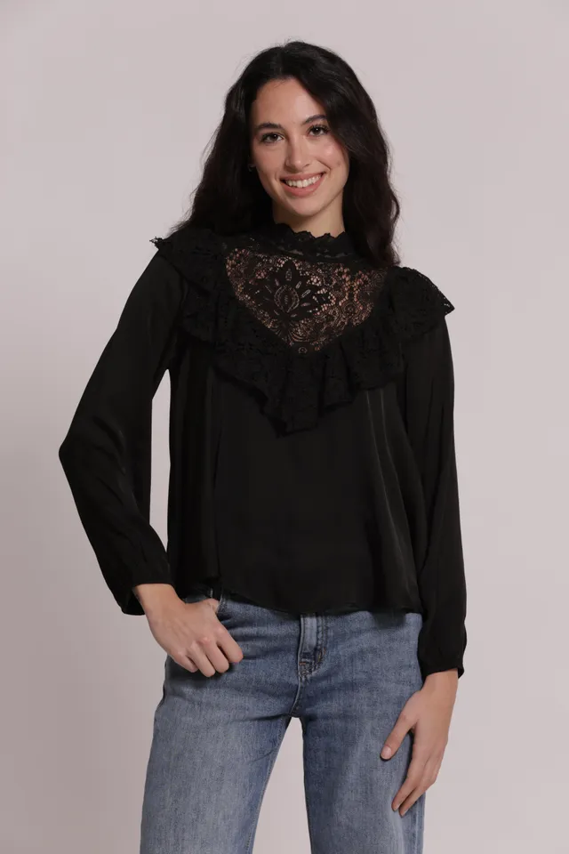 Mimi Mua Blusa in Raso di Viscosa con Dettaglio Pizzo nero