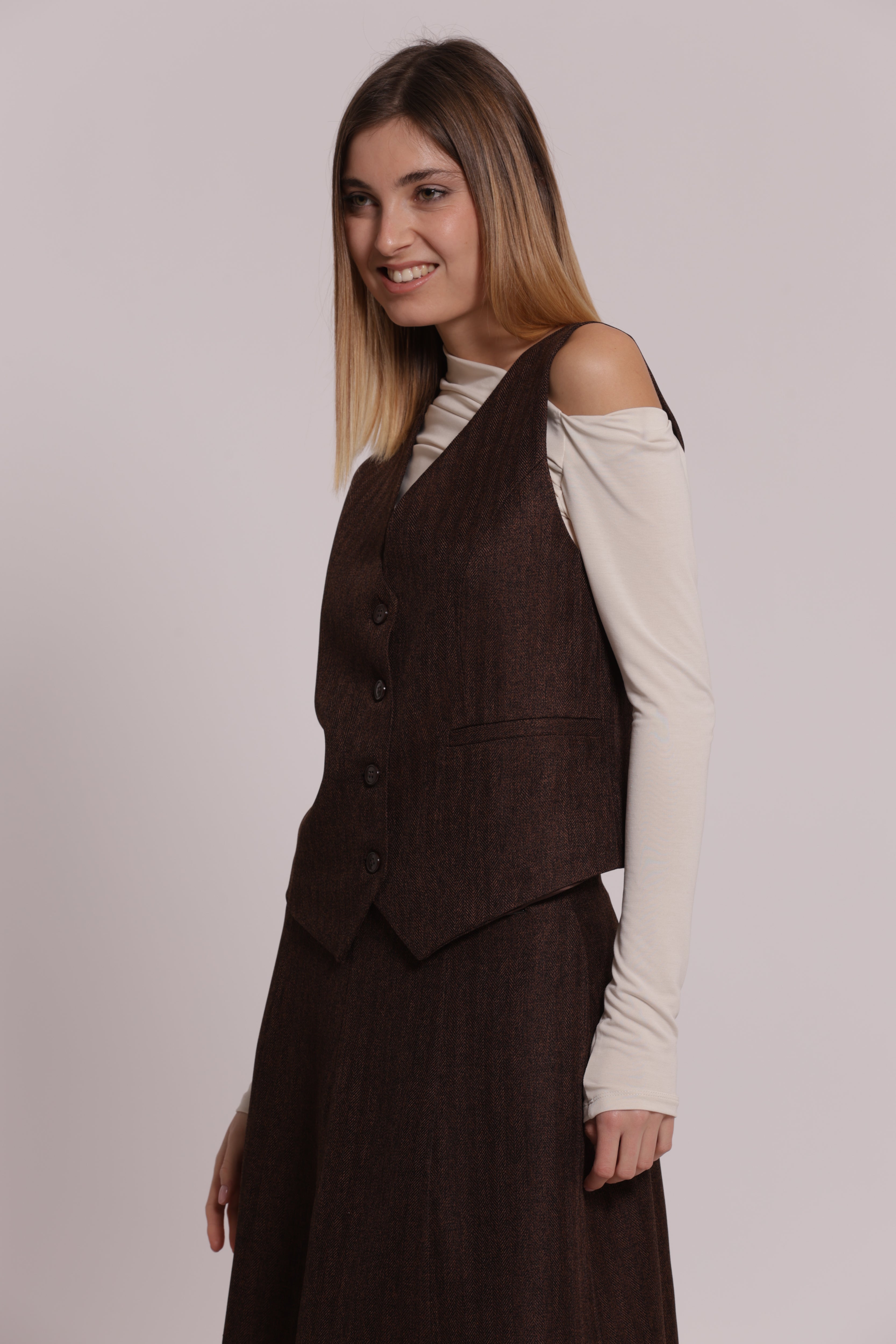 Mimi Mua gilet tweed a spiga di pesce giacca moro