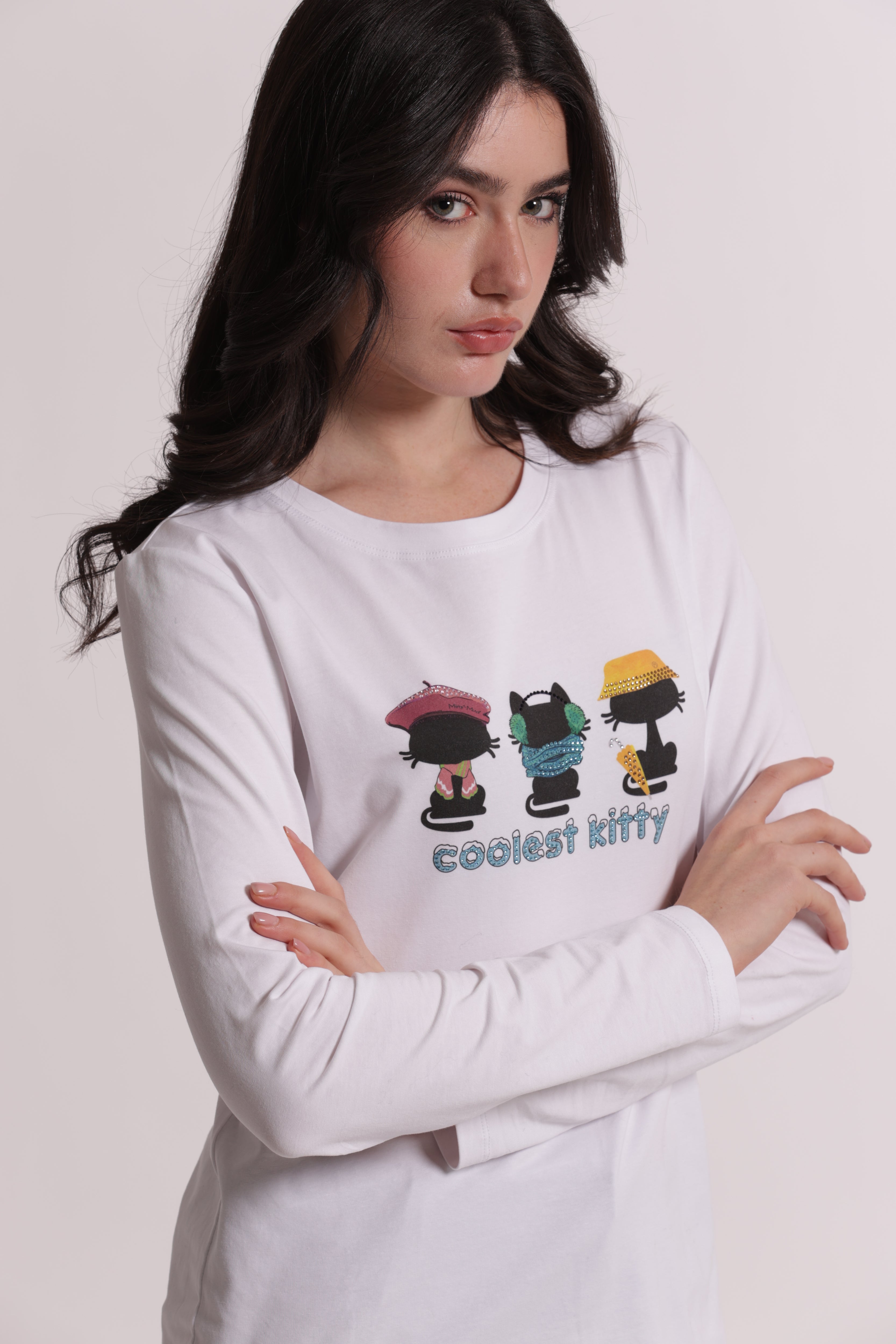 Mimi Mua T-Shirt Coolest Kitty Maniche Lunghe Bianca