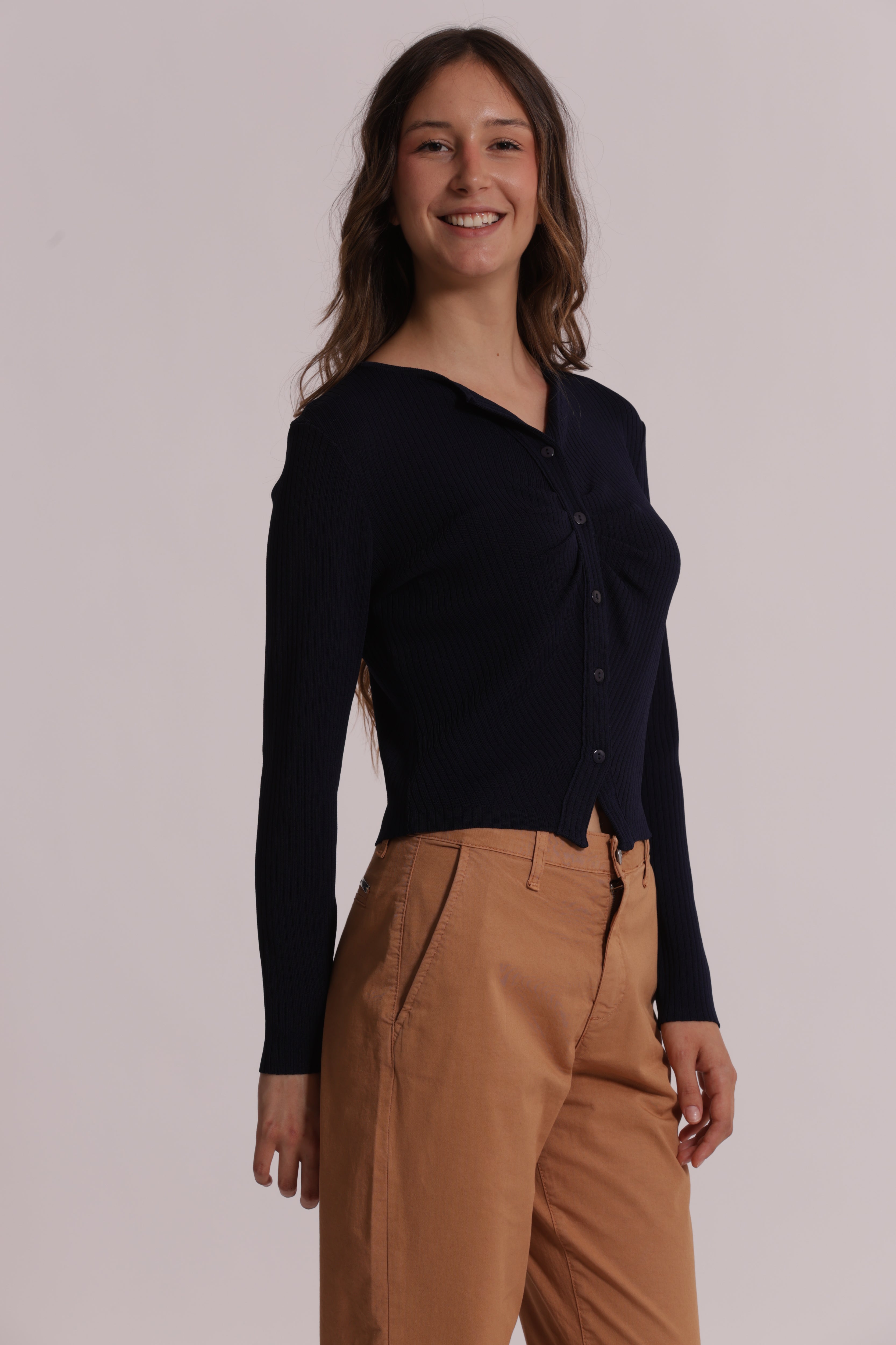 Mimi Mua Cardigan Maglia Increspato Panna Morbido