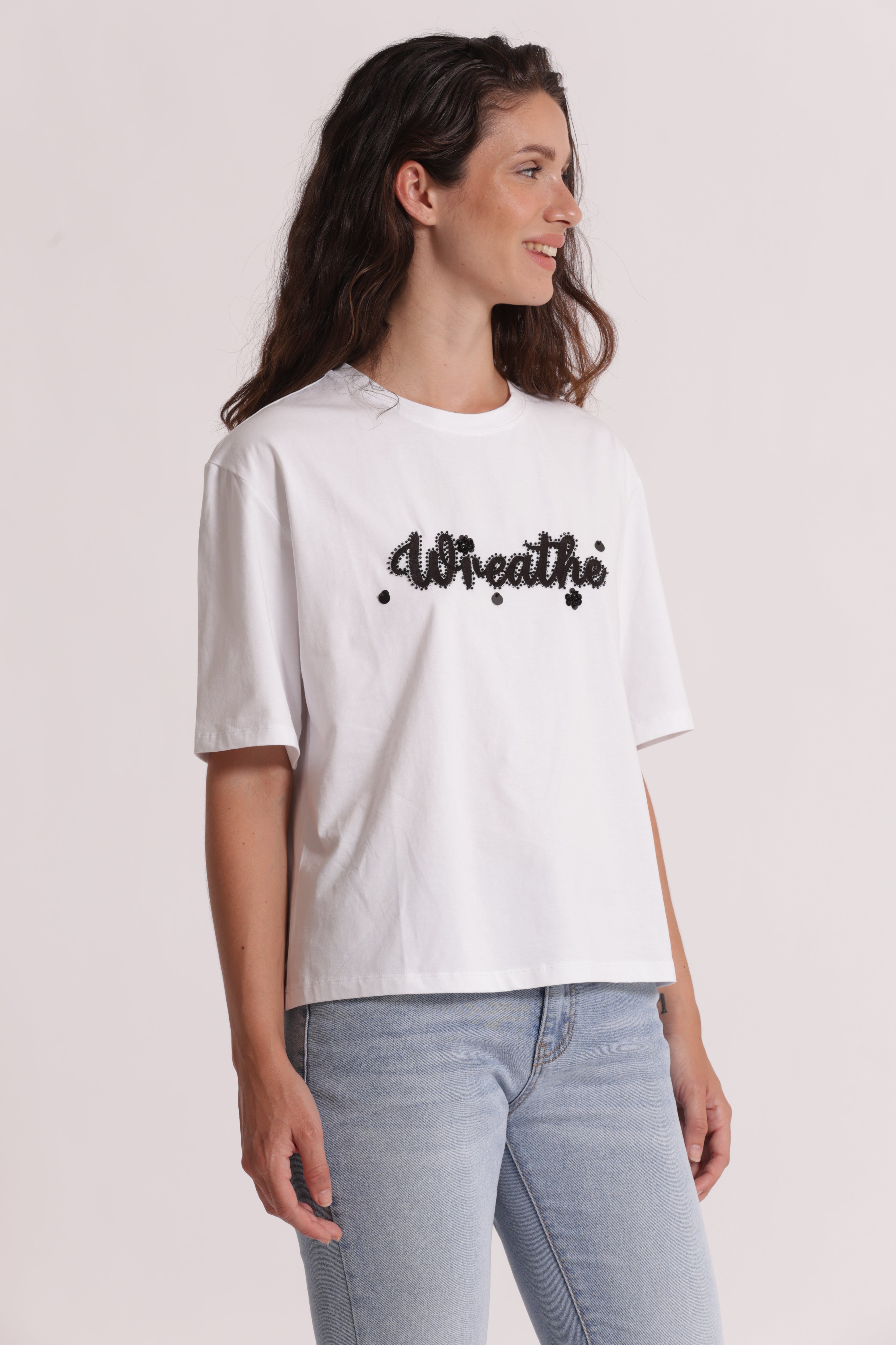 Mimi Mua Freedom t-shirt bianco con strass