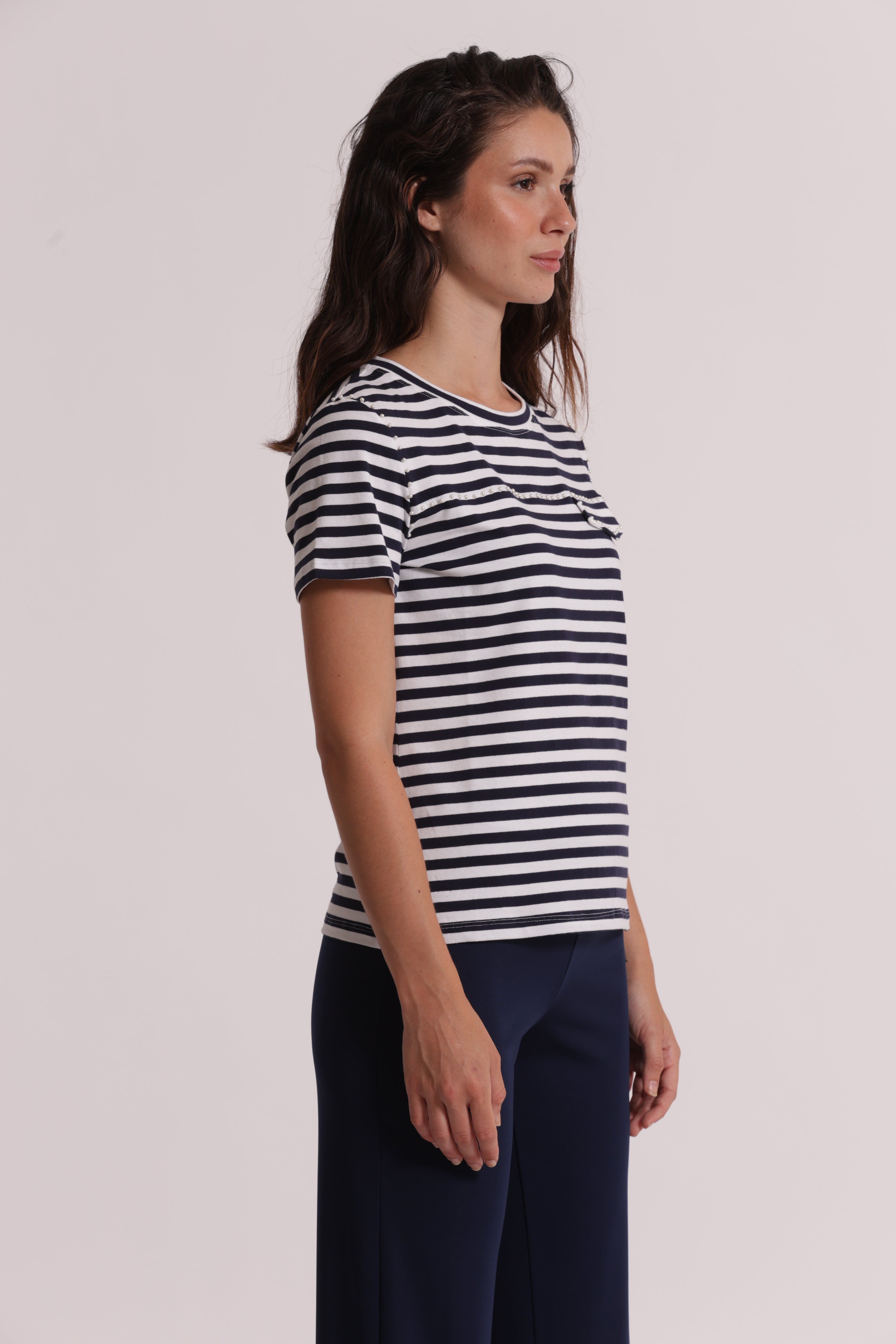 Mimi Mua T-Shirt a Righe con Borchie Blu