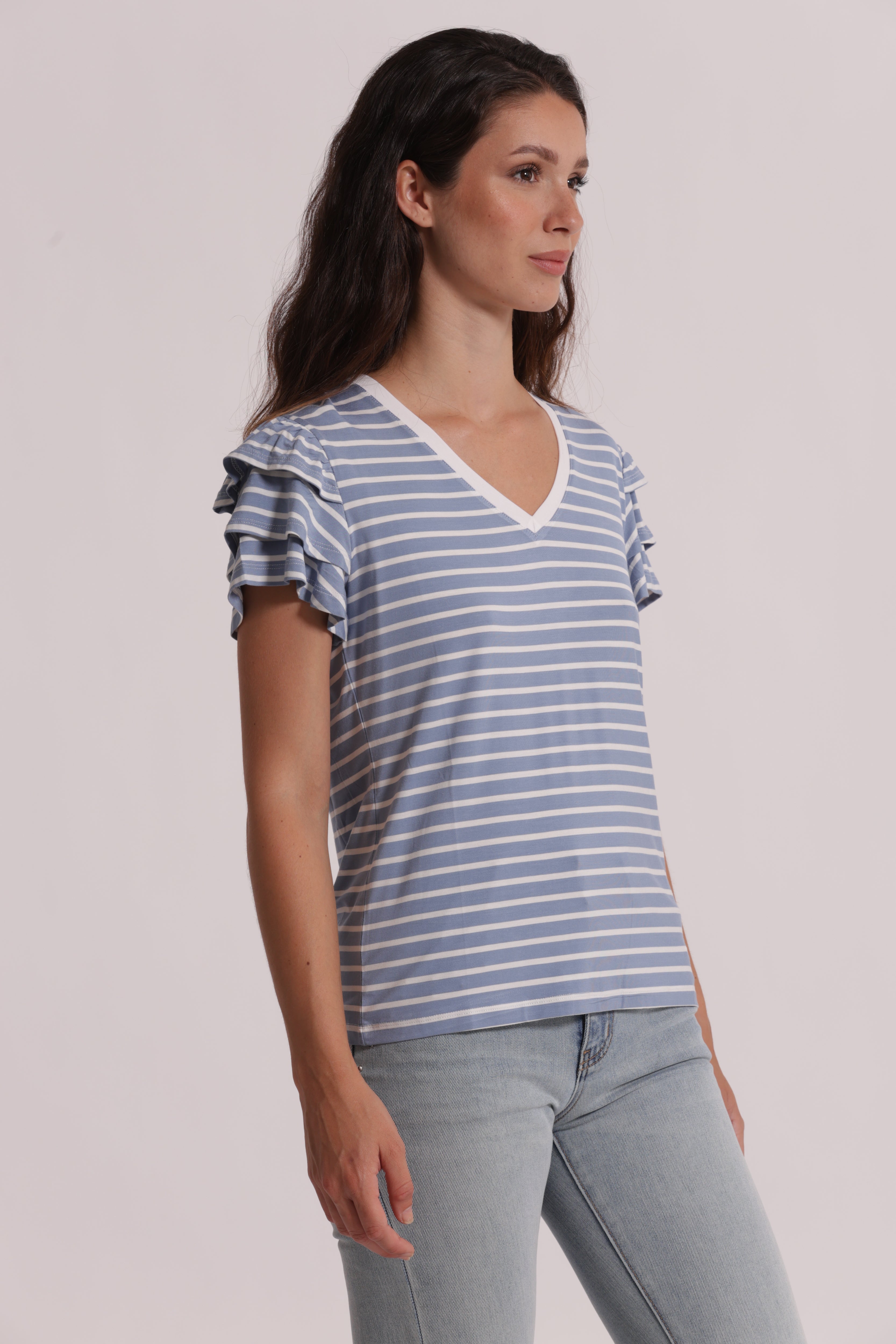 Mimi Mua T-Shirt Righe Maniche Volant Nero/Bianco Cotone