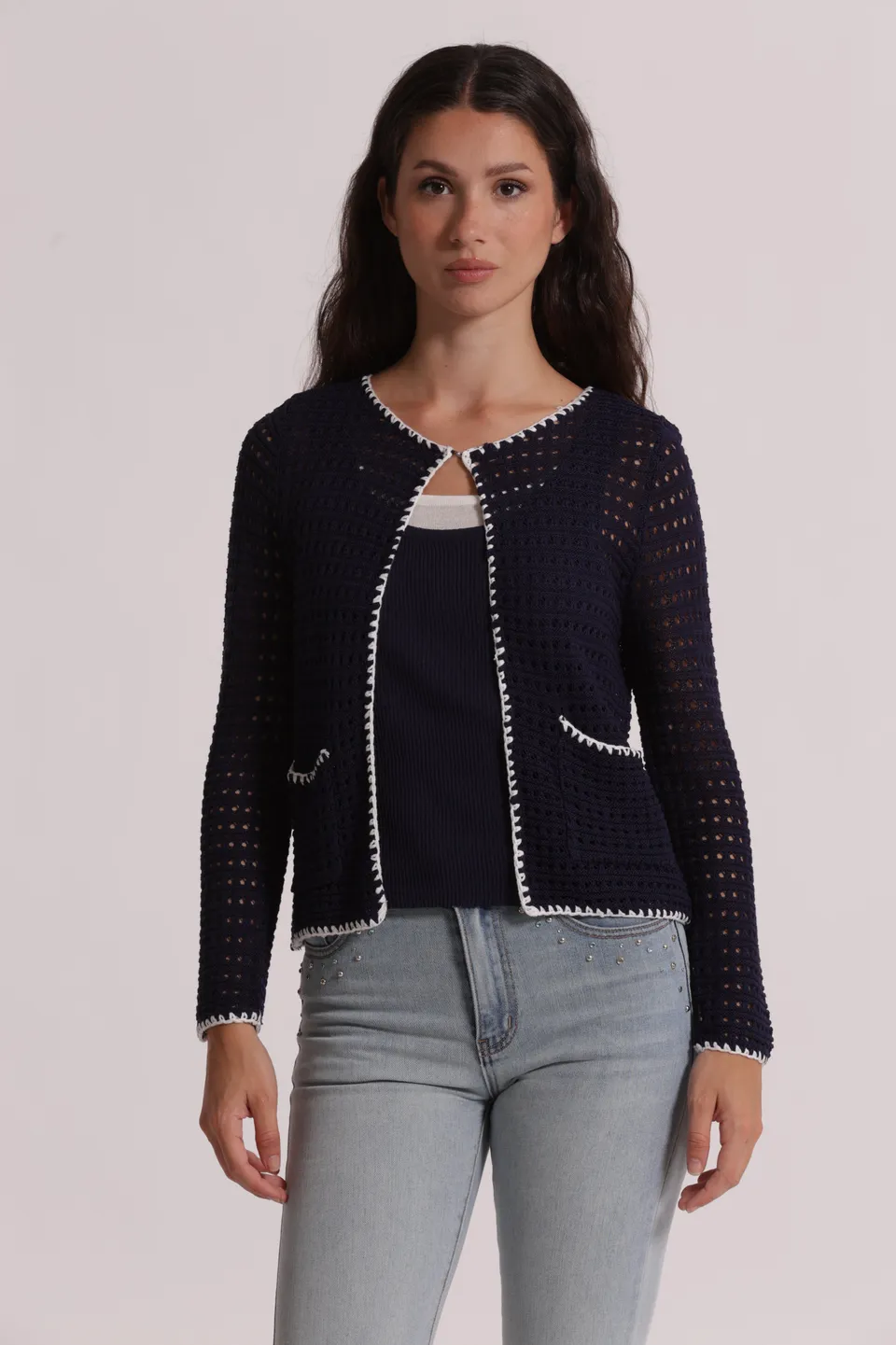 Mimi Mua Cardigan Traforato Bicolor Blu/Bianco