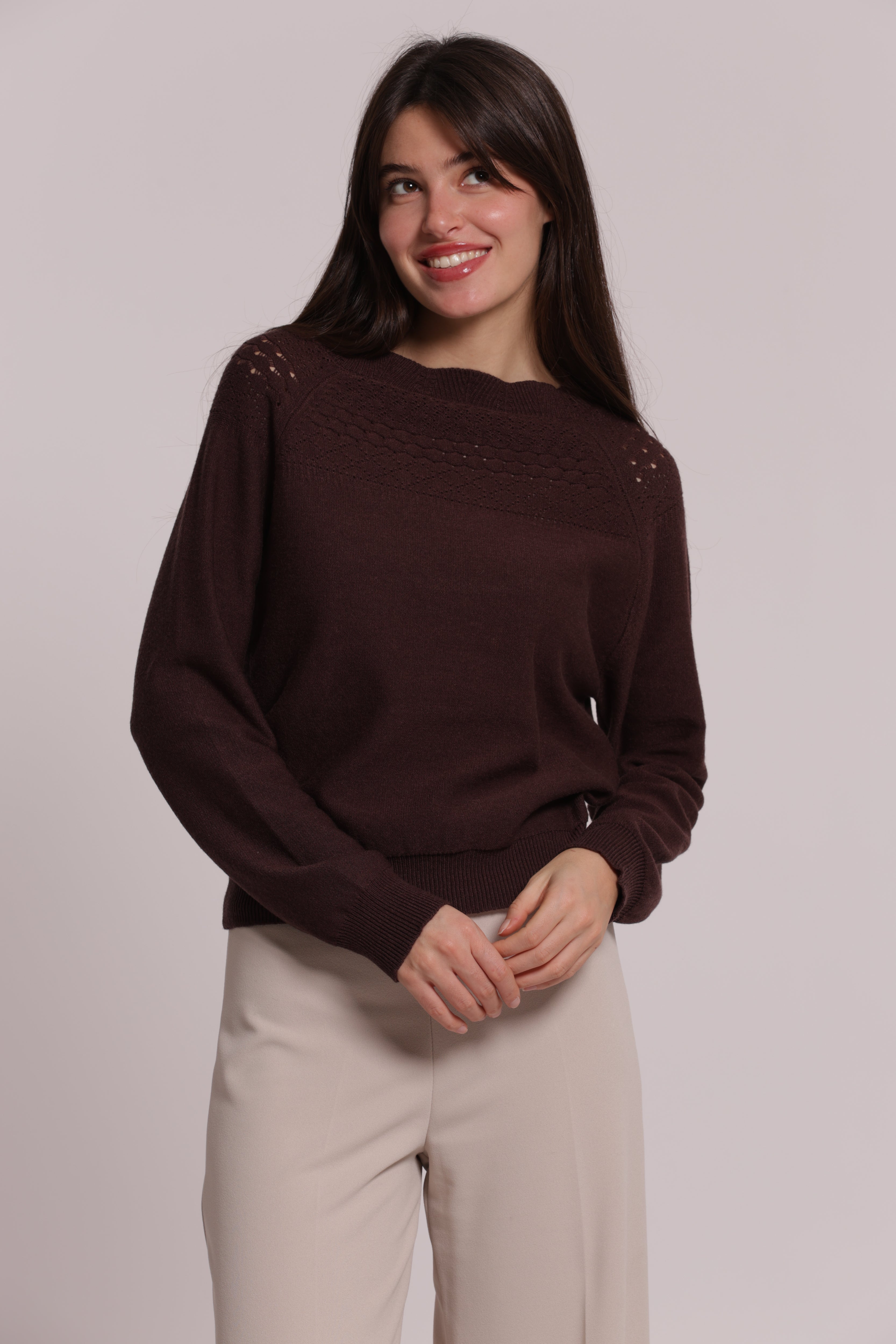 Mimi Mua Maglia Traforata Beige Chiaro Maniche Lunghe