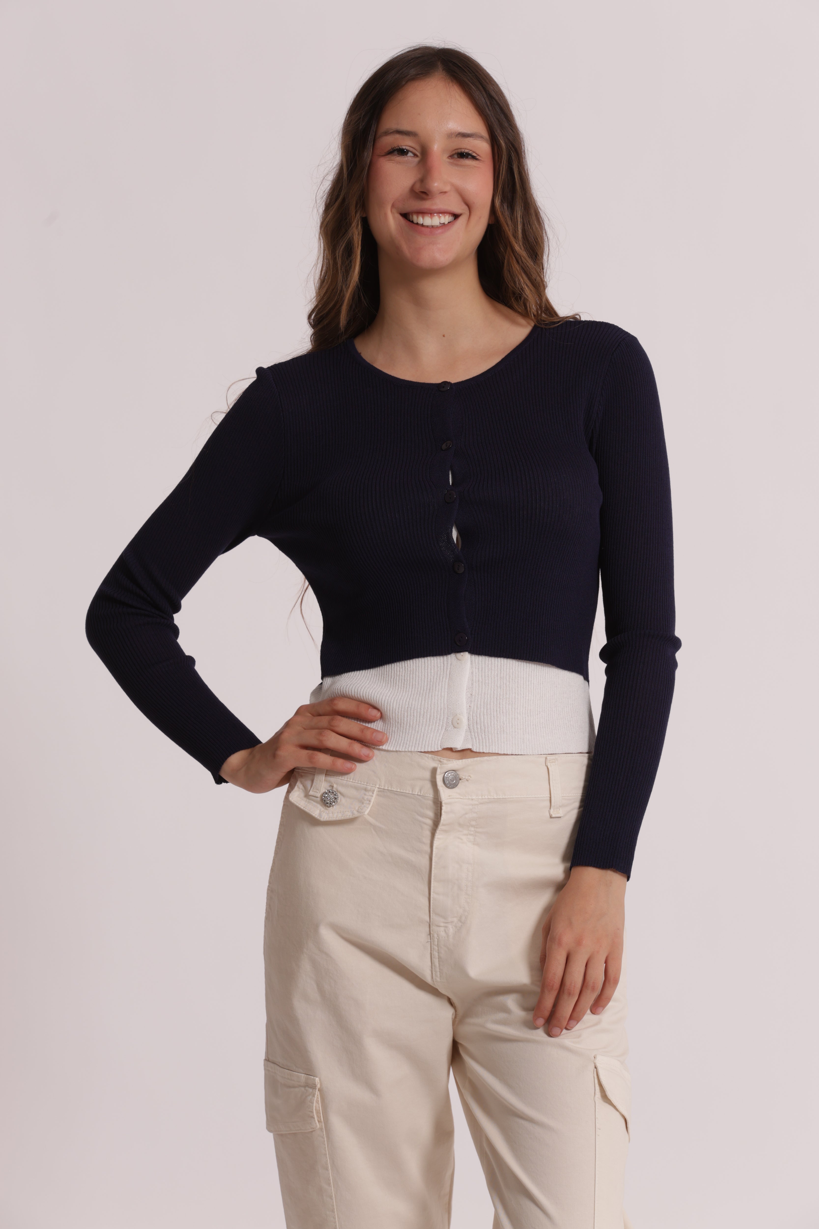 Mimi Mua Cardigan Maglia Doppia Abbottonatura Nero/Panna