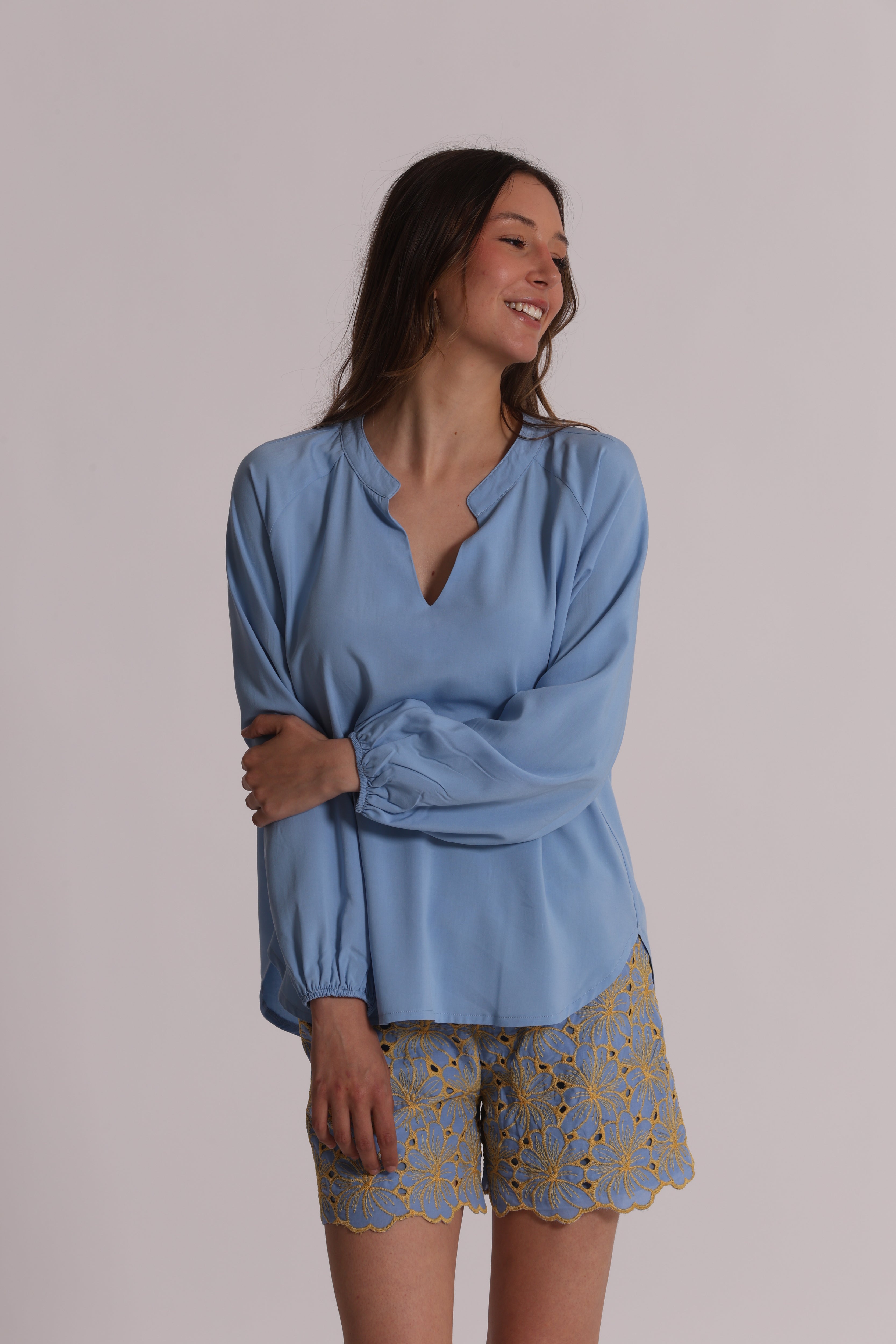 Mimi Mua Tinta Unita Blusa Maniche Lunghe Bianco