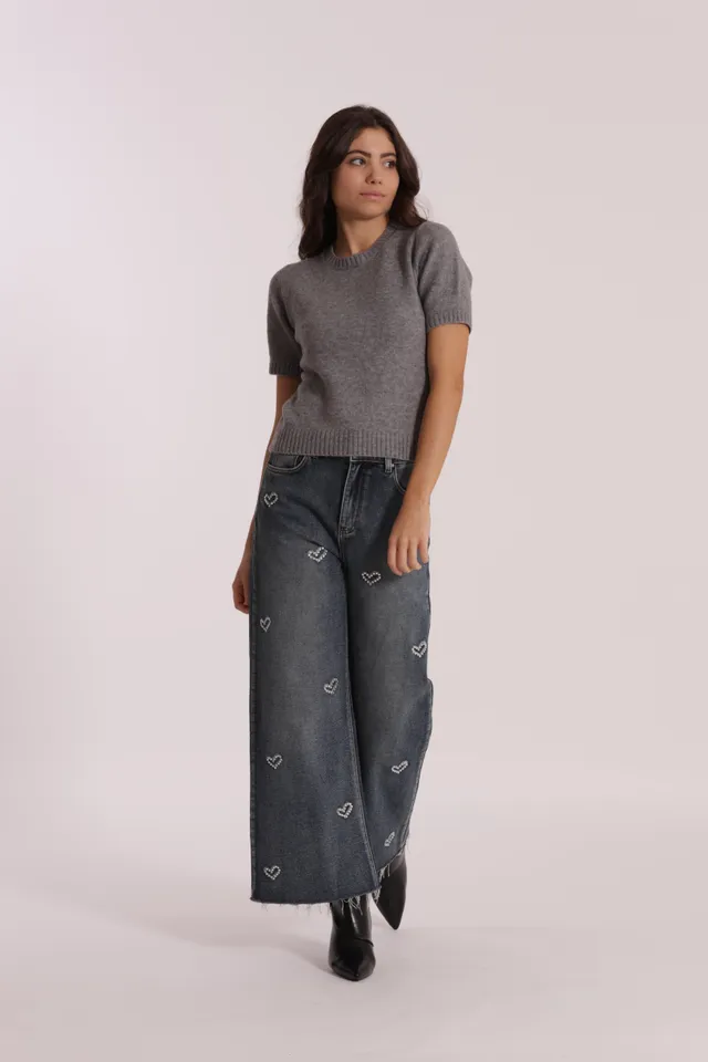Mimi Mua Jeans Wide Leg Cropped Cuori Ricamati Blu Medio