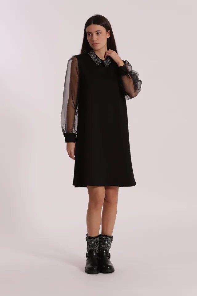 Mimi Mua Abito Corto Organza Nero Colletto Ricamato