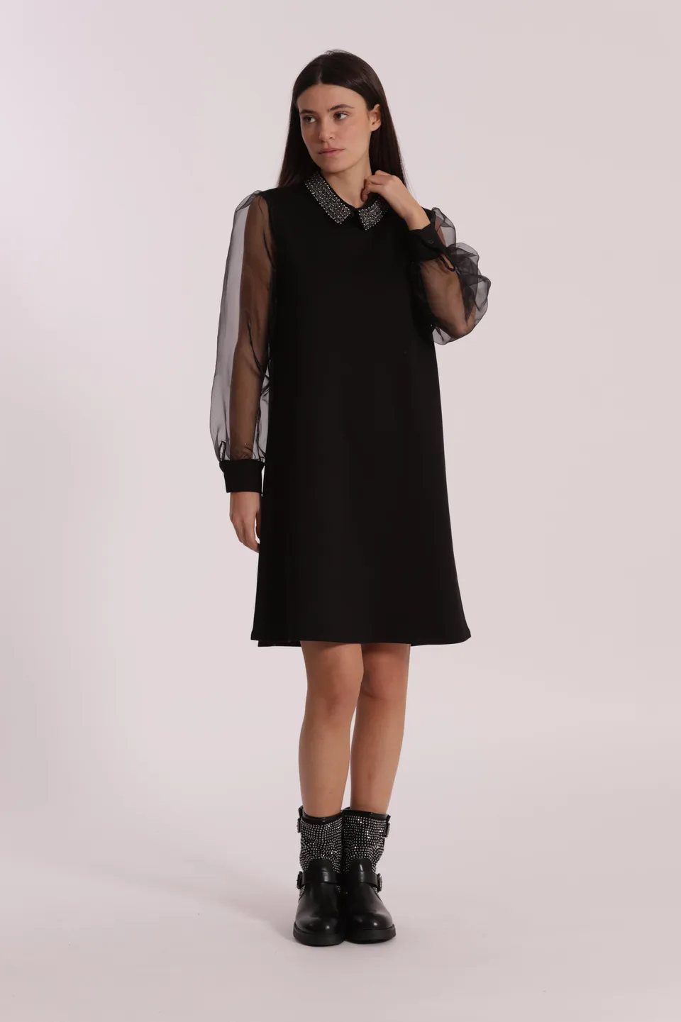 Mimi Mua Abito Corto Organza Nero Colletto Ricamato