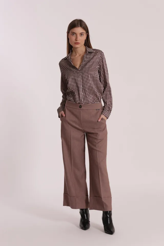 Mimi Mua Pantalone Cropped in Tessuto Fiammato Tortora