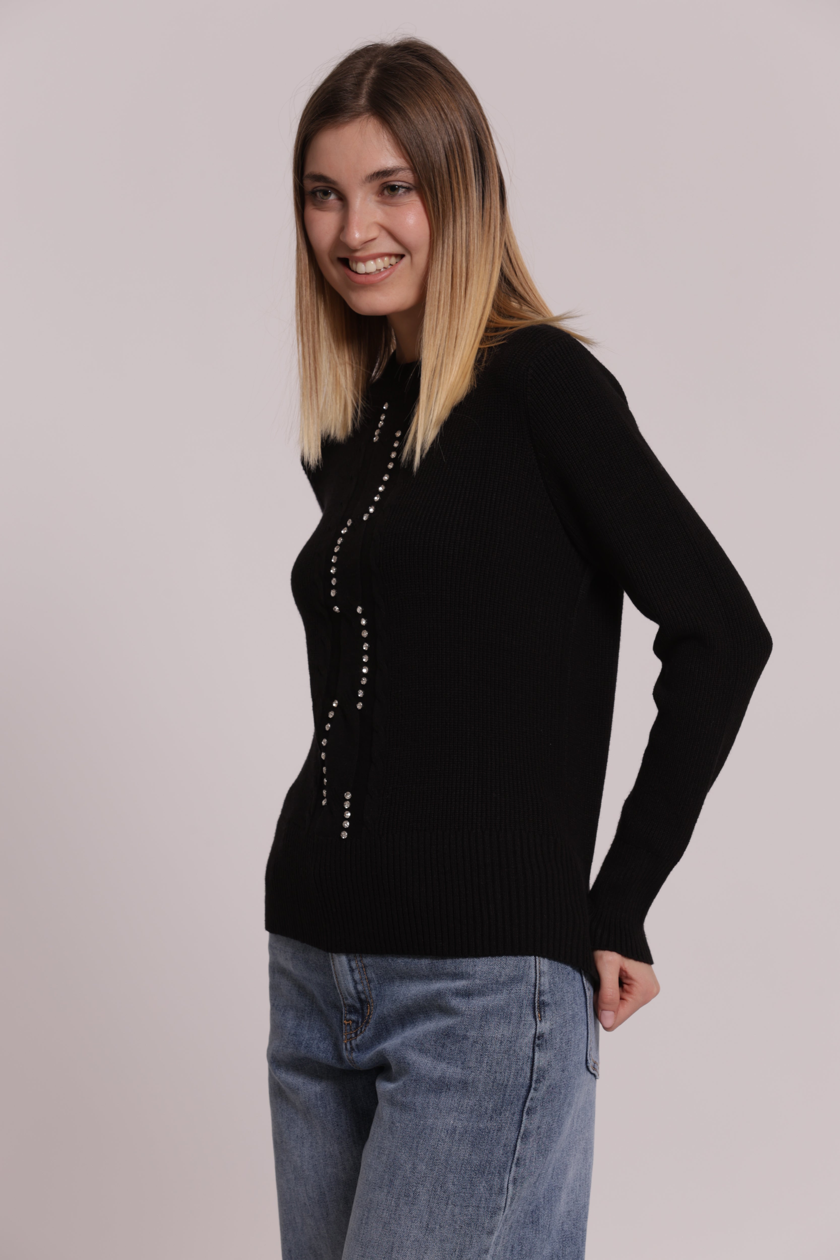 Mimi Mua Maglia Scollo Tondo Treccia maglia nera