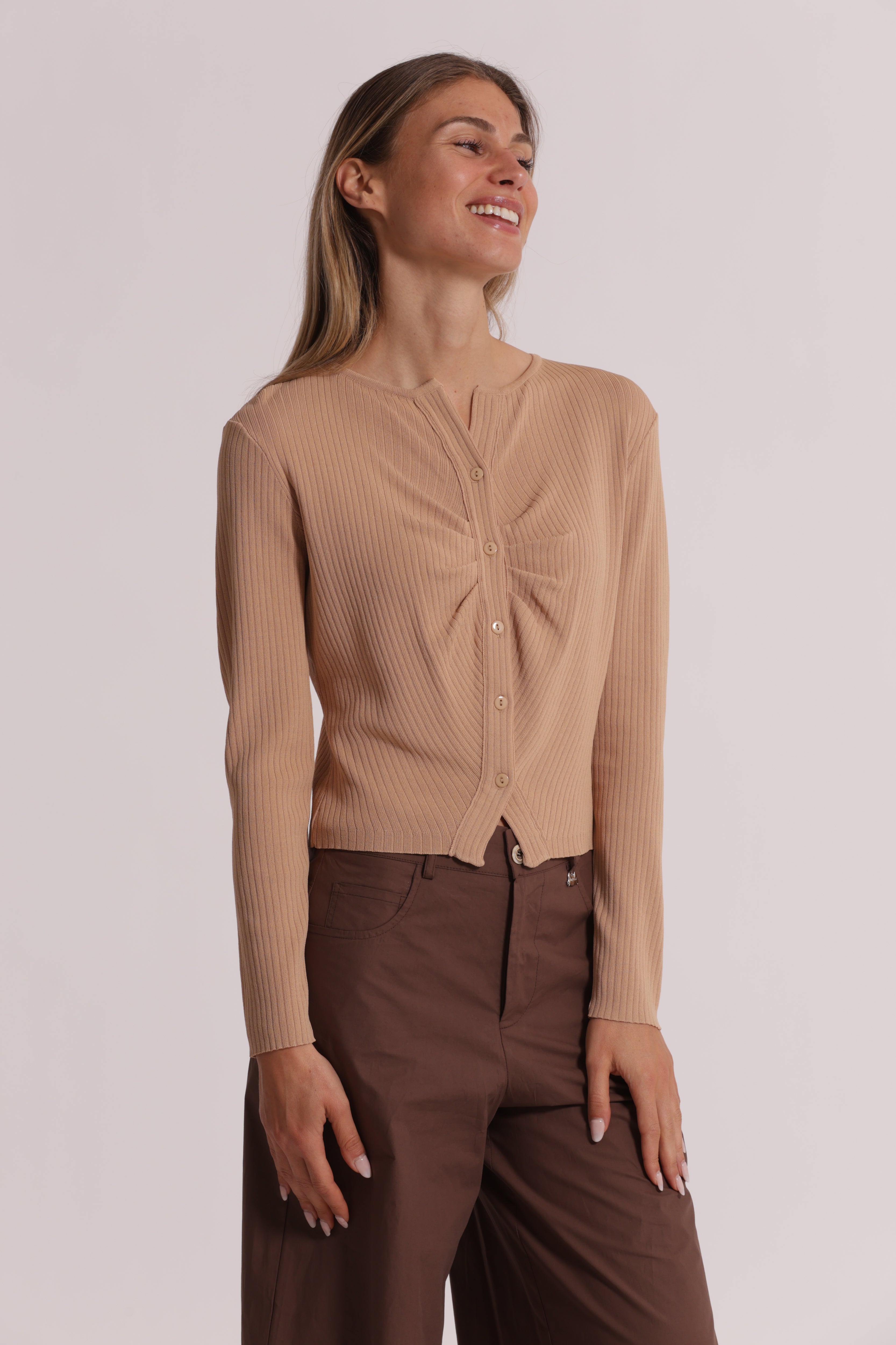 Mimi Mua Cardigan Maglia Increspato Panna Morbido