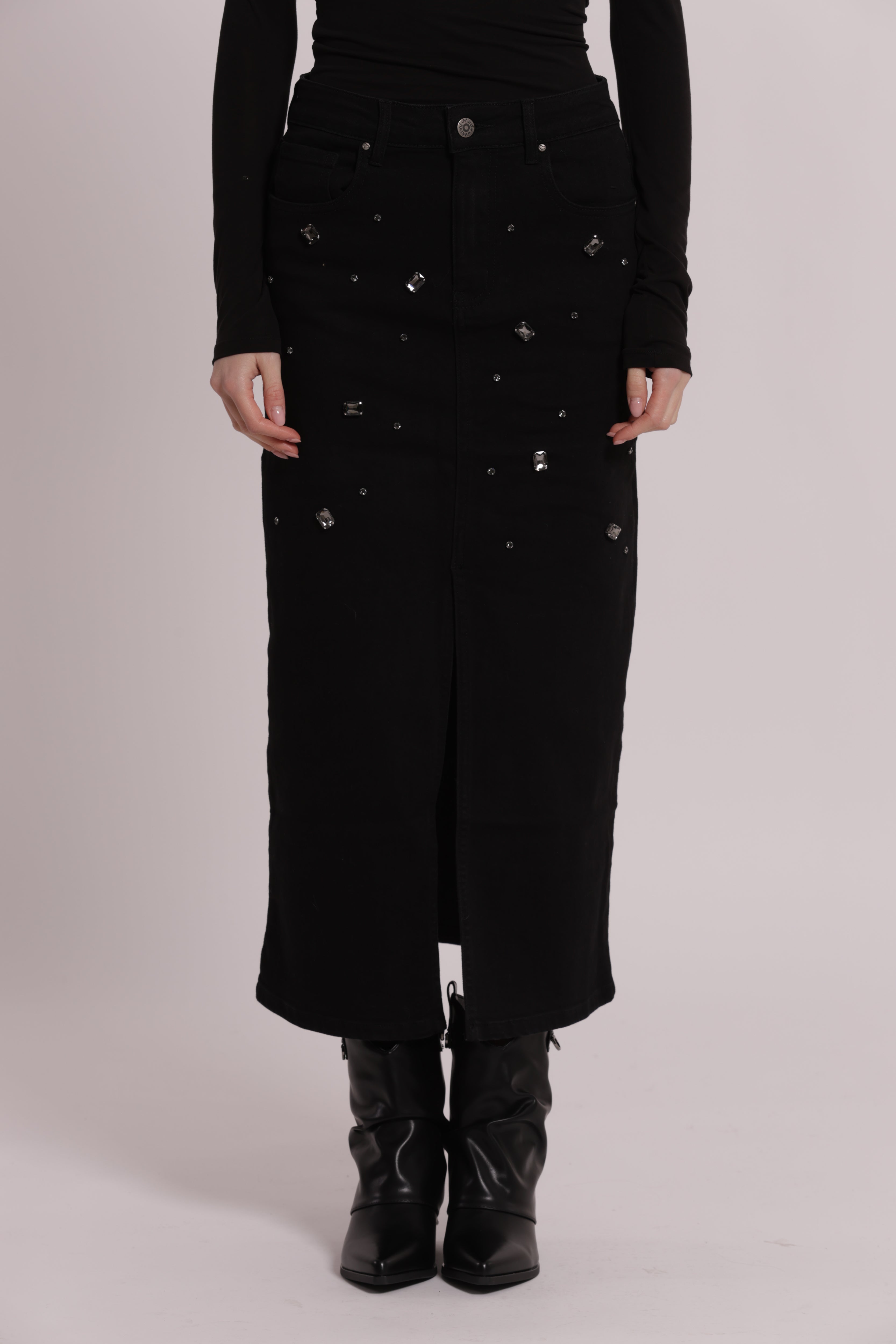 Mimi Mua gonna jeans castoni gioiello nera denim