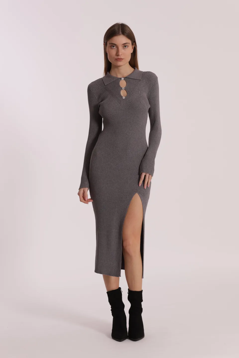 Mimi Mua Abito Maglia Polo Cut Out Nero Elasticizzato