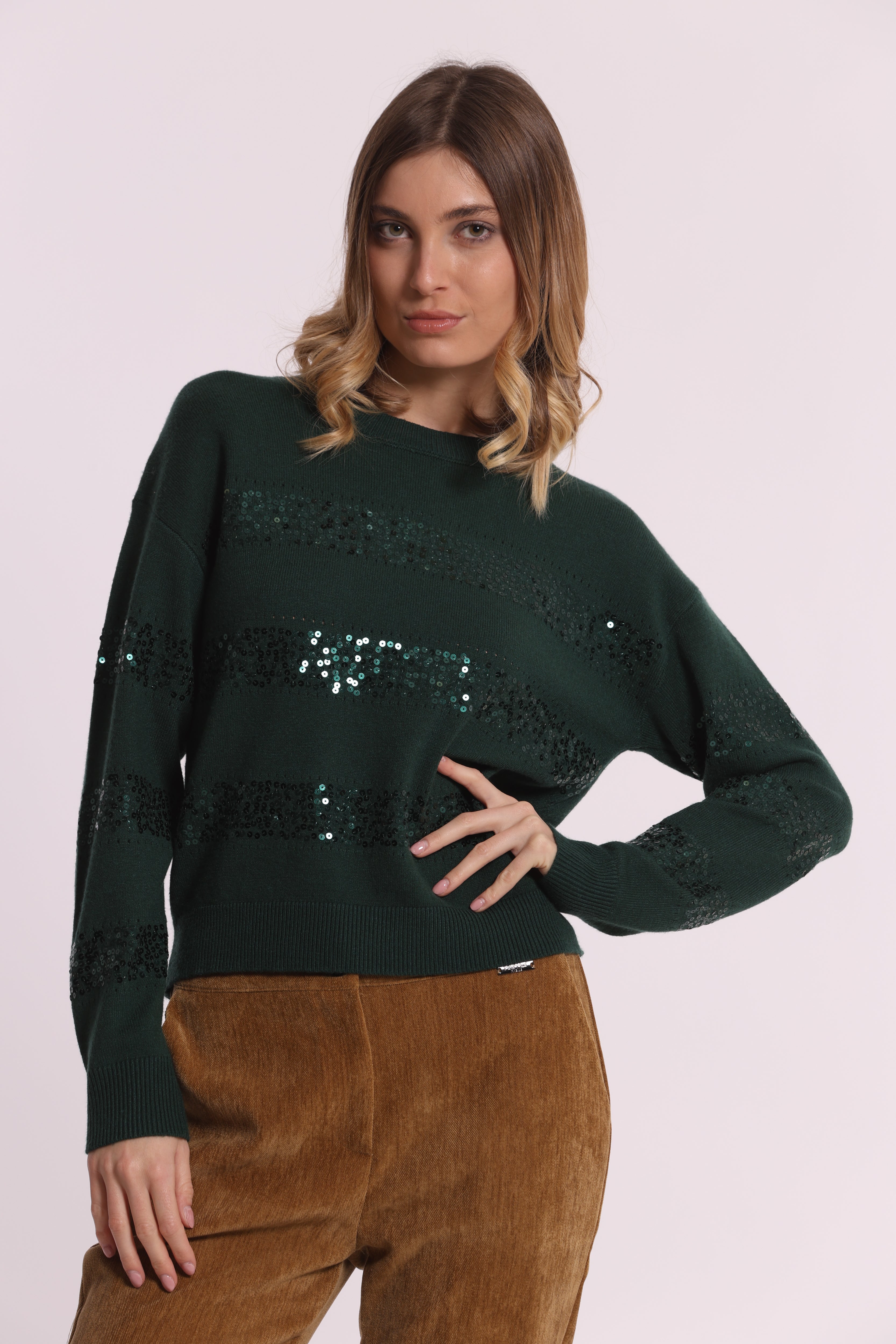 Mimi Mua Scollo Tondo Righe Paillettes Maglia Nero