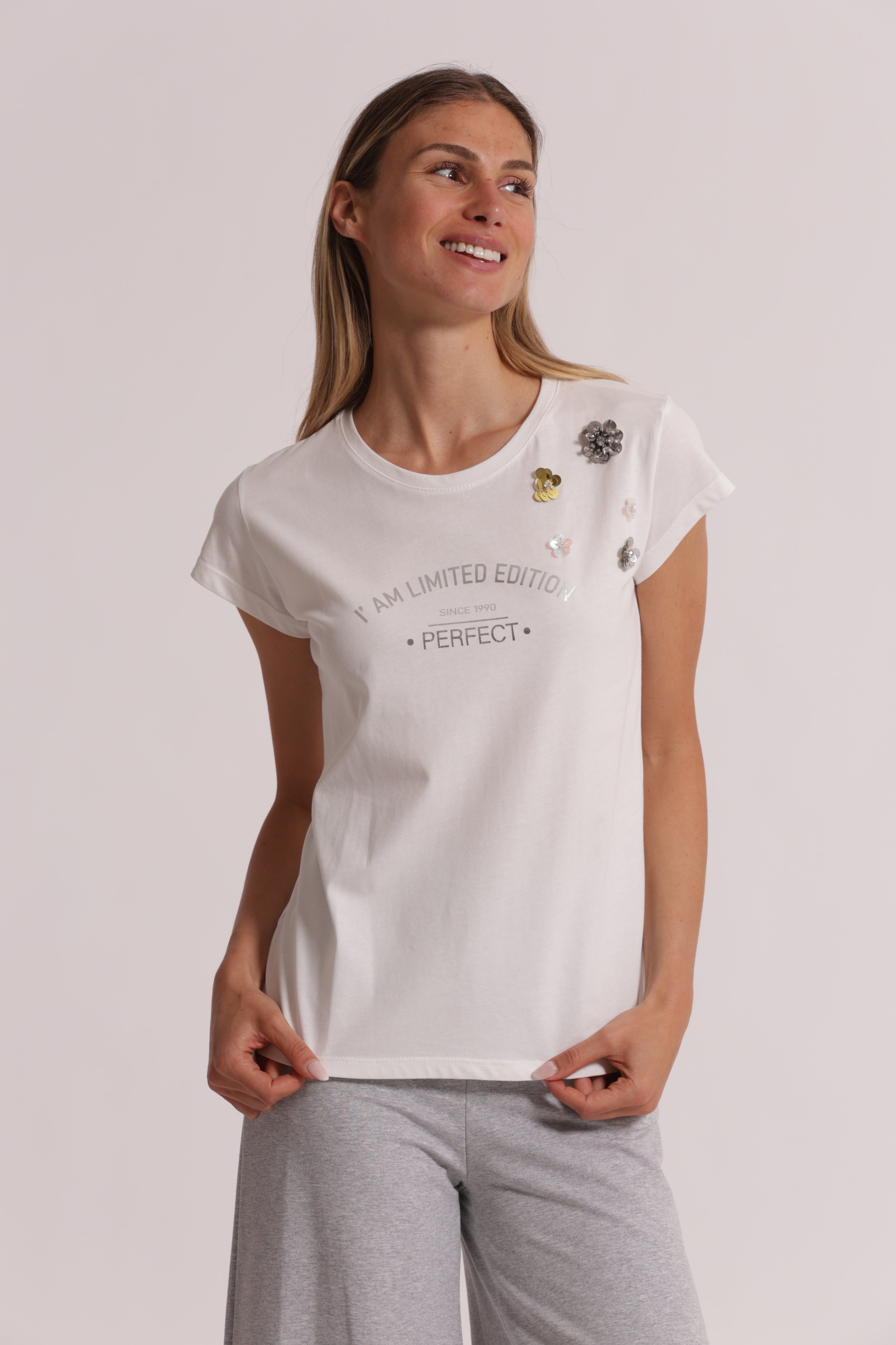 Mimi Mua I Am Limited Edition t-shirt panna con strass
