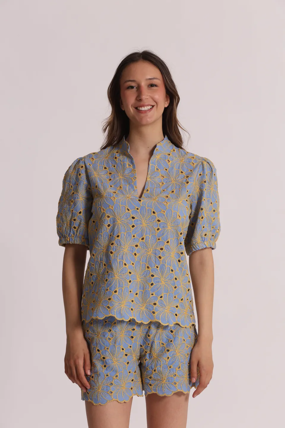 Mimi Mua Sangallo blusa maniche corte panna/ocra