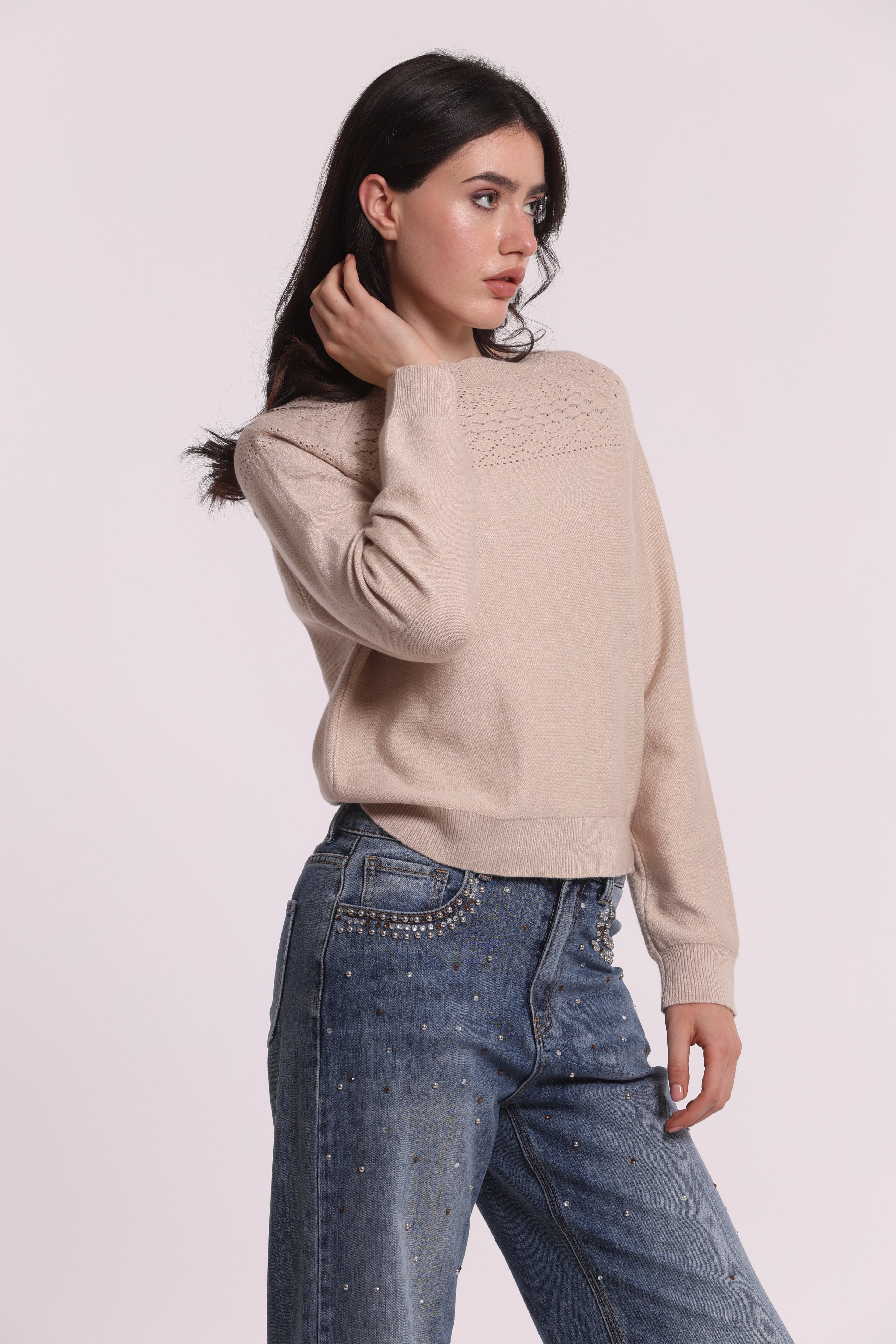 Mimi Mua Maglia Traforata Beige Chiaro Maniche Lunghe