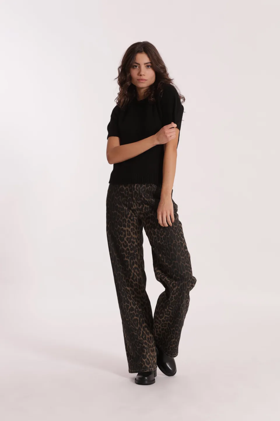 Mimi Mua jeans wide leg leopardato cammello denim