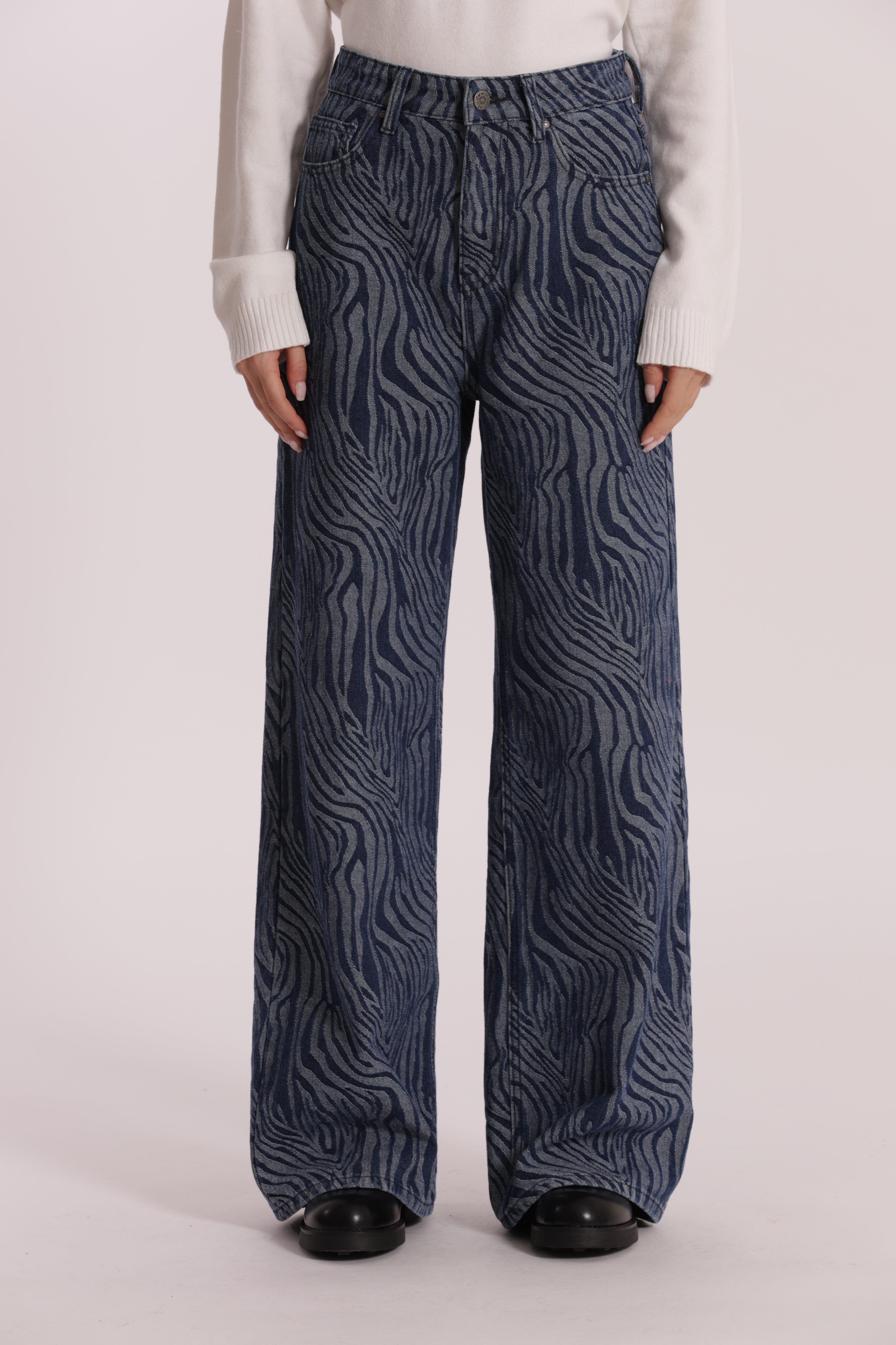 Mimi Mua Jeans Palazzo Jacquard Animalier Blu Scuro