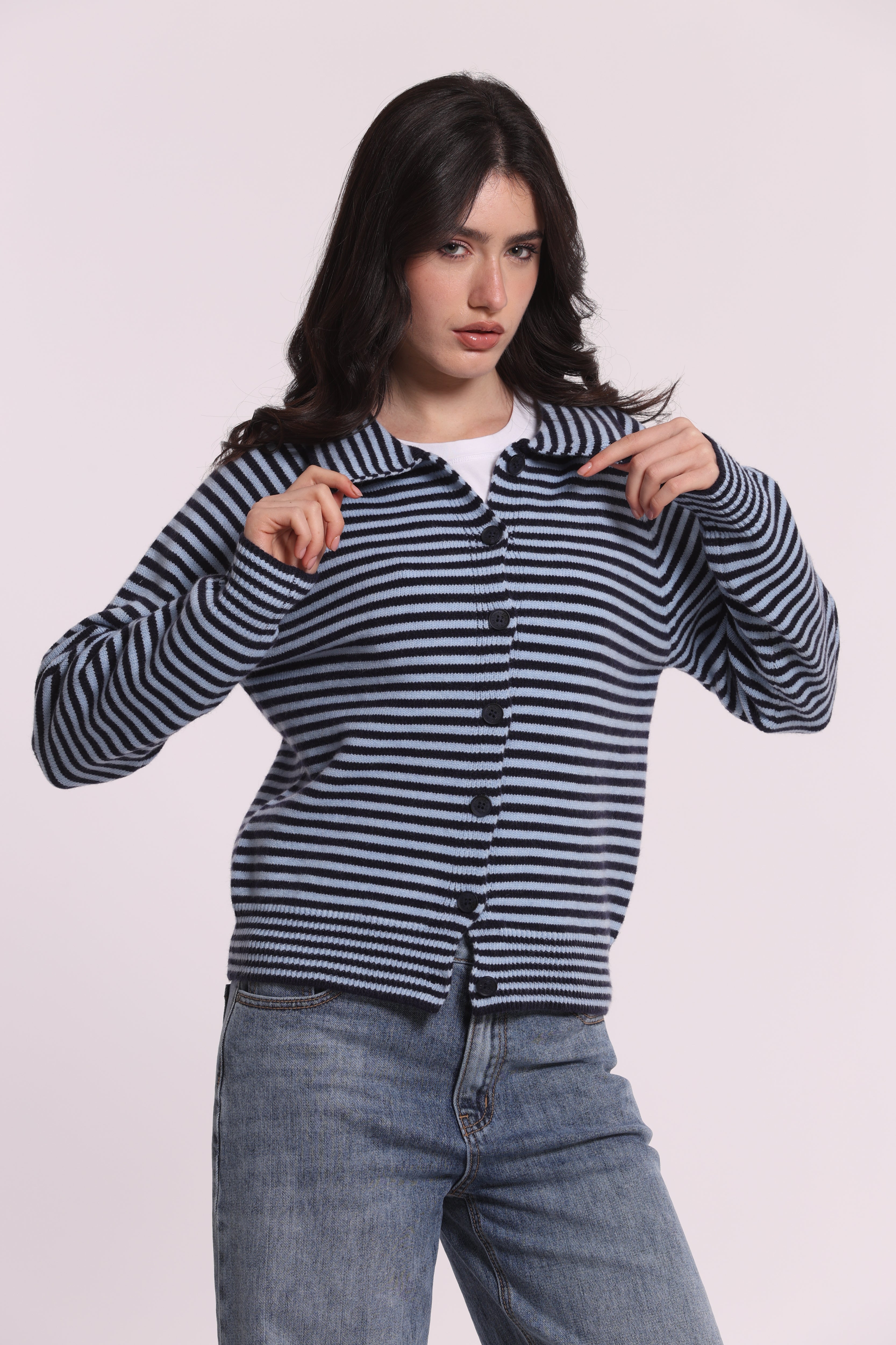 Mimi Mua Maglia Cardigan a Righe moro con lana