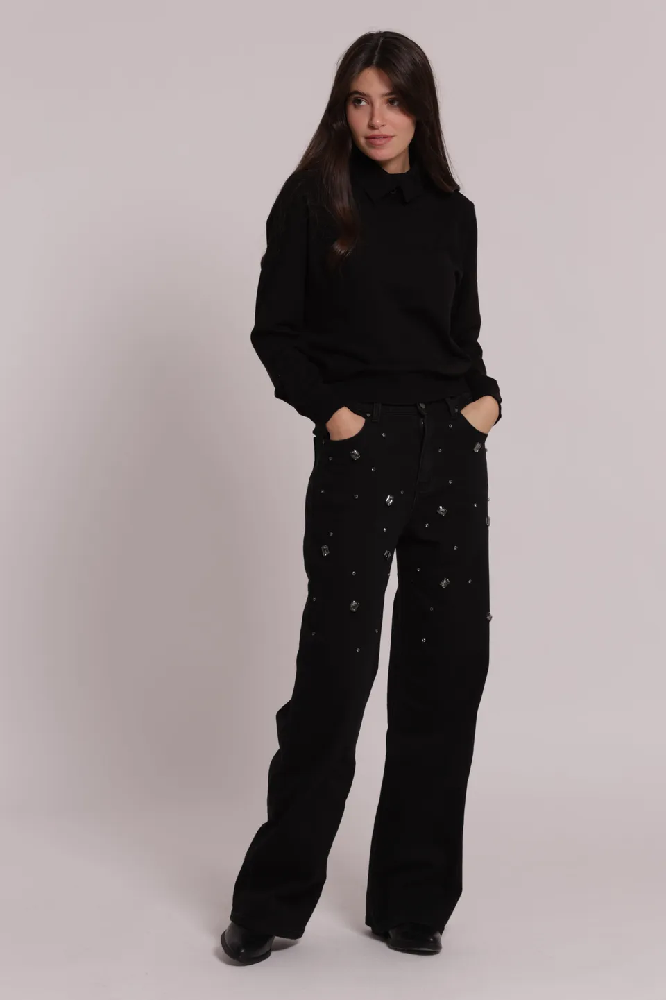 Mimi Mua Wide Leg Castoni Gioiello Jeans Nero denim