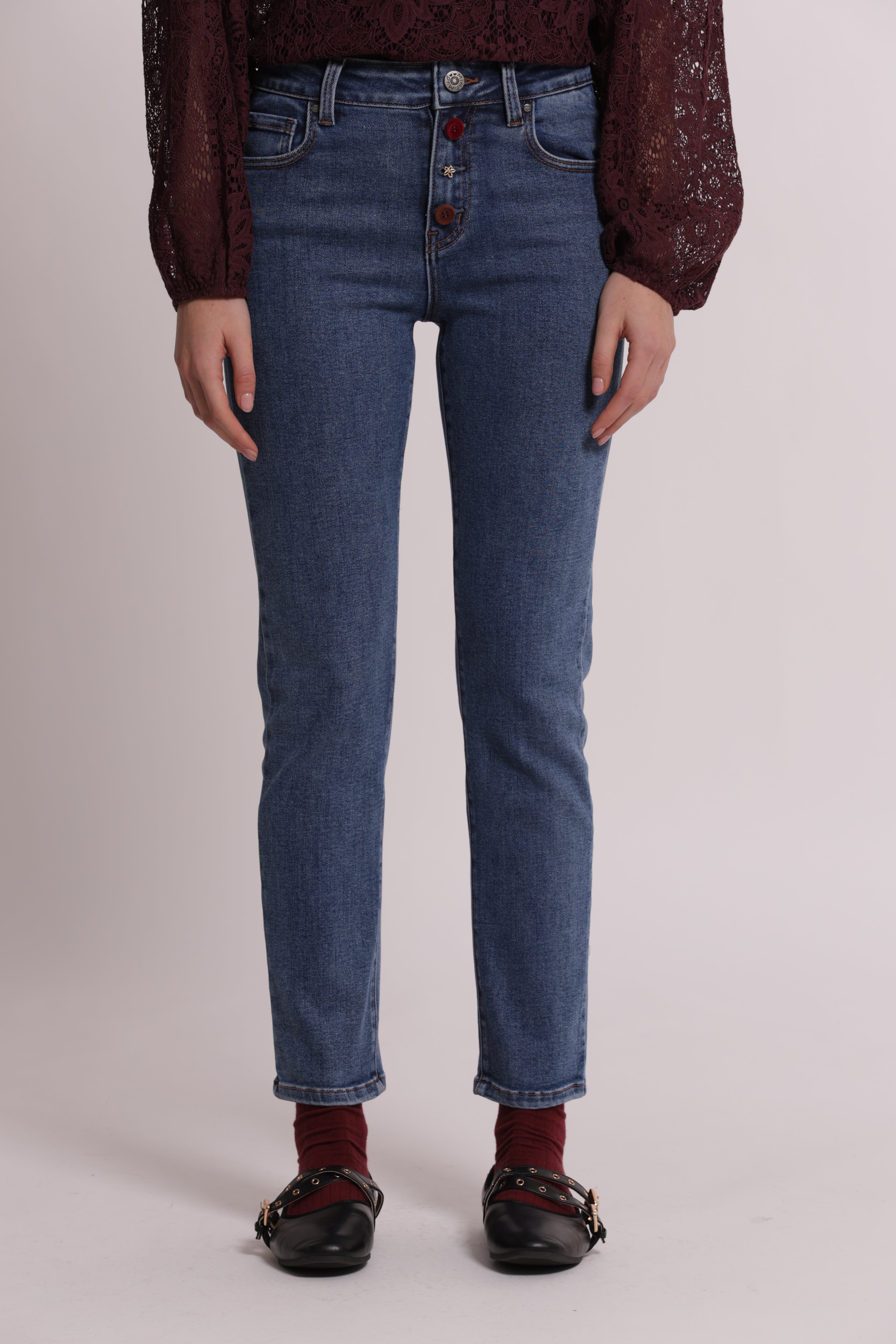 Mimi Mua Jeans Sigaretta con Bottoni Velluto e Gioiello Blu Scuro