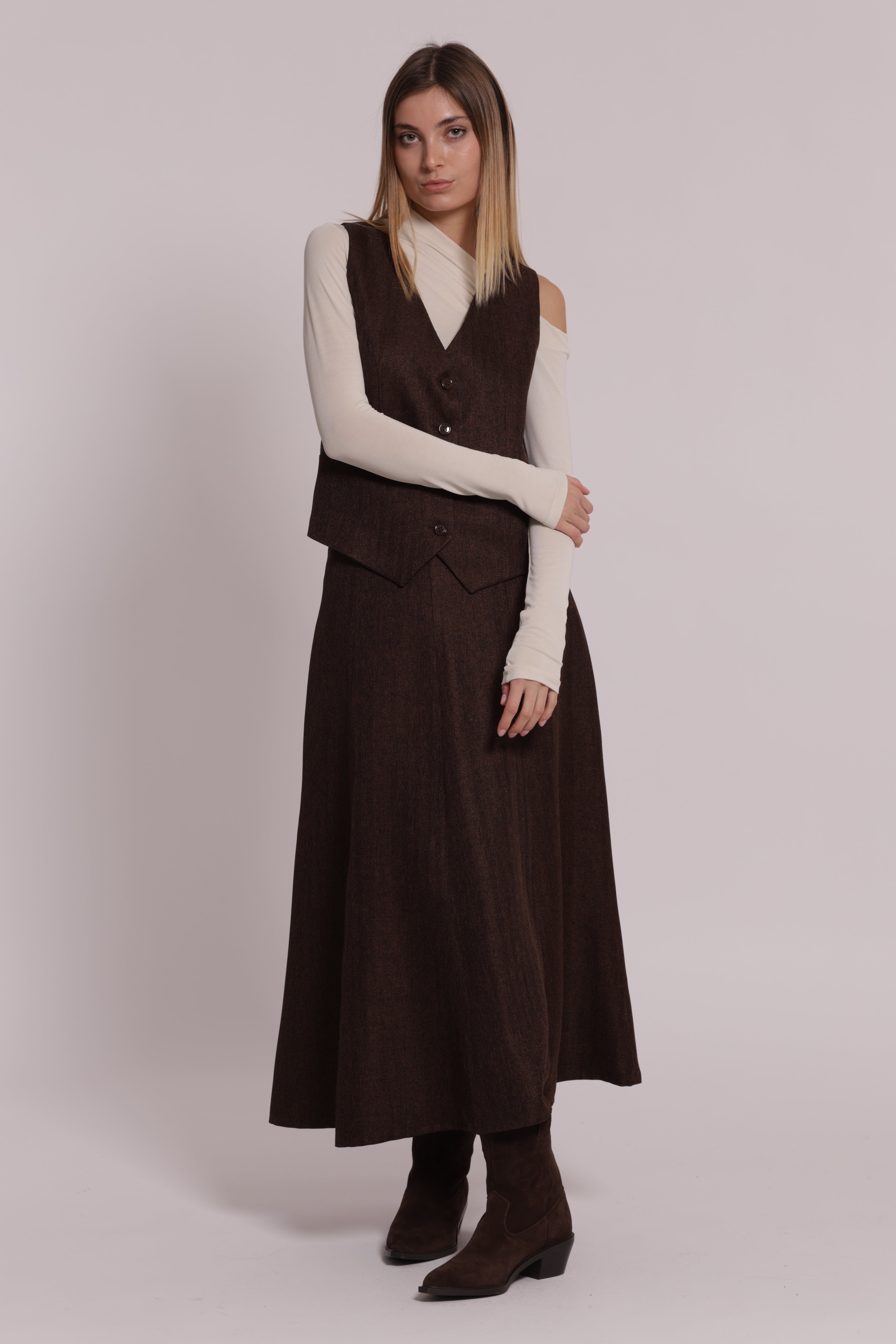 Mimi Mua gilet tweed a spiga di pesce giacca moro