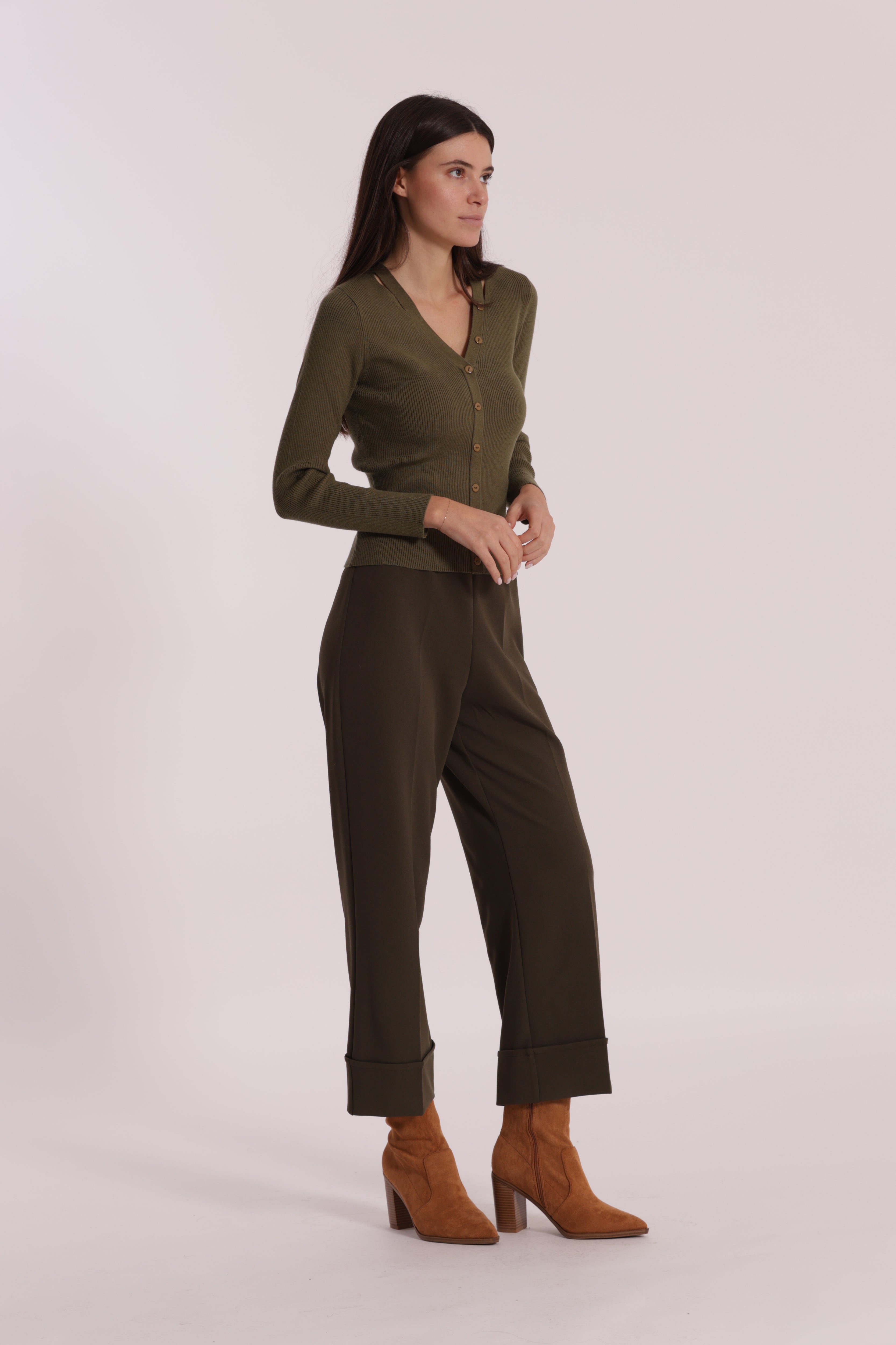 Mimi Mua Cropped con Risvolto in Crepe Pantalone Nero