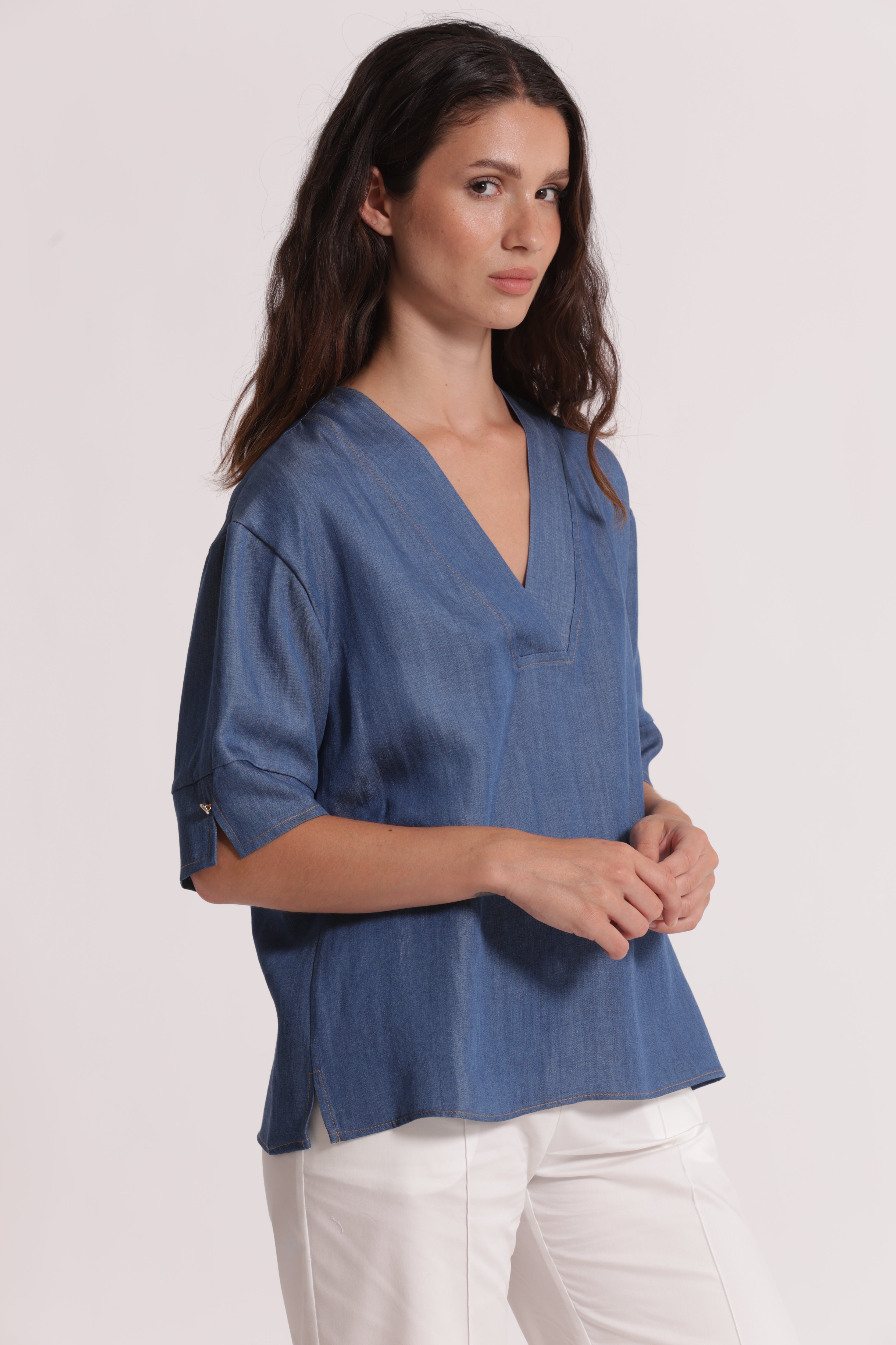 Mimi Mua Blusa Maniche Corte Denim Lyocell