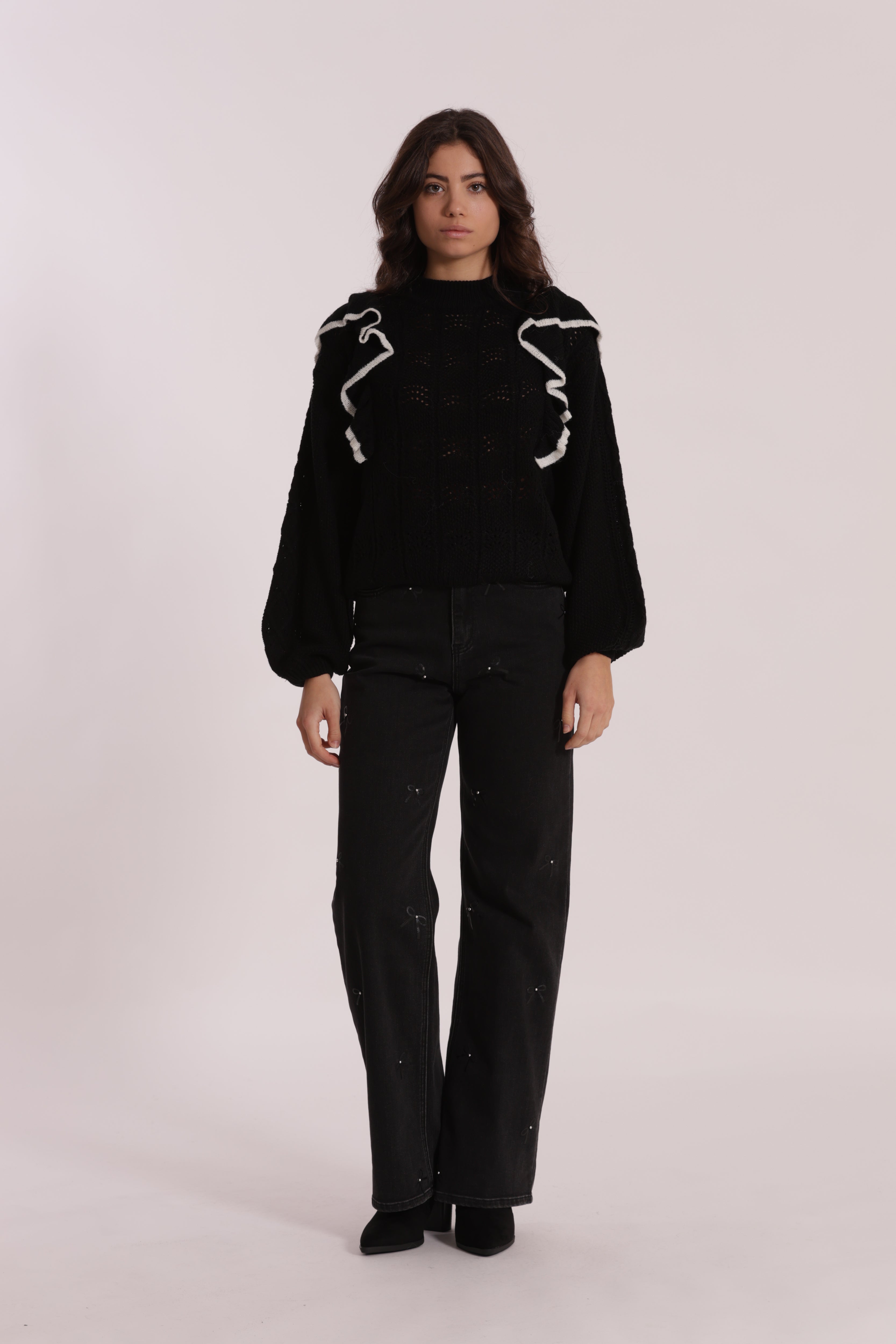Mimi Mua Wide Leg jeans stampa fiocco nero