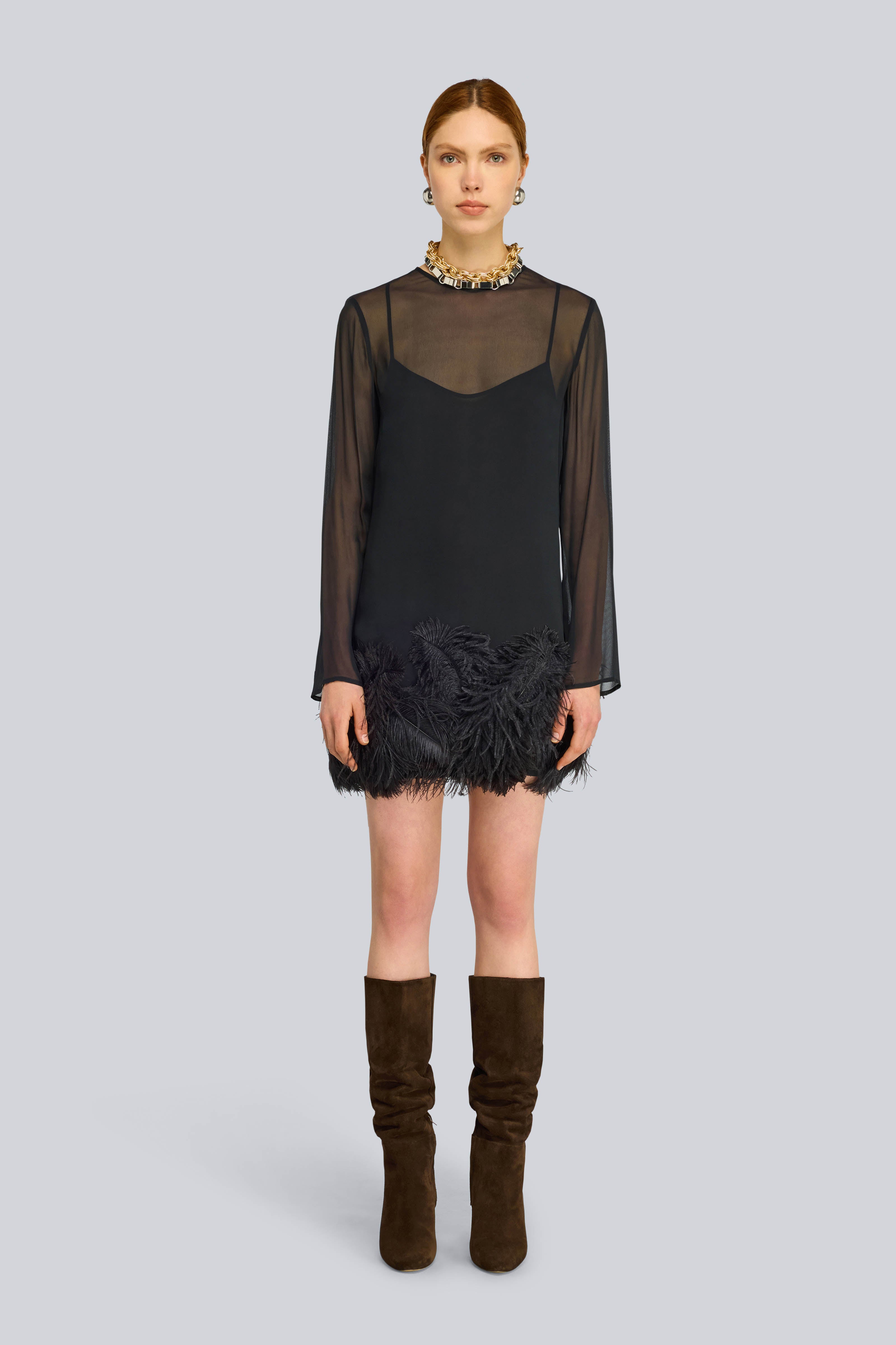 Semicouture Rae abito nero georgette piume