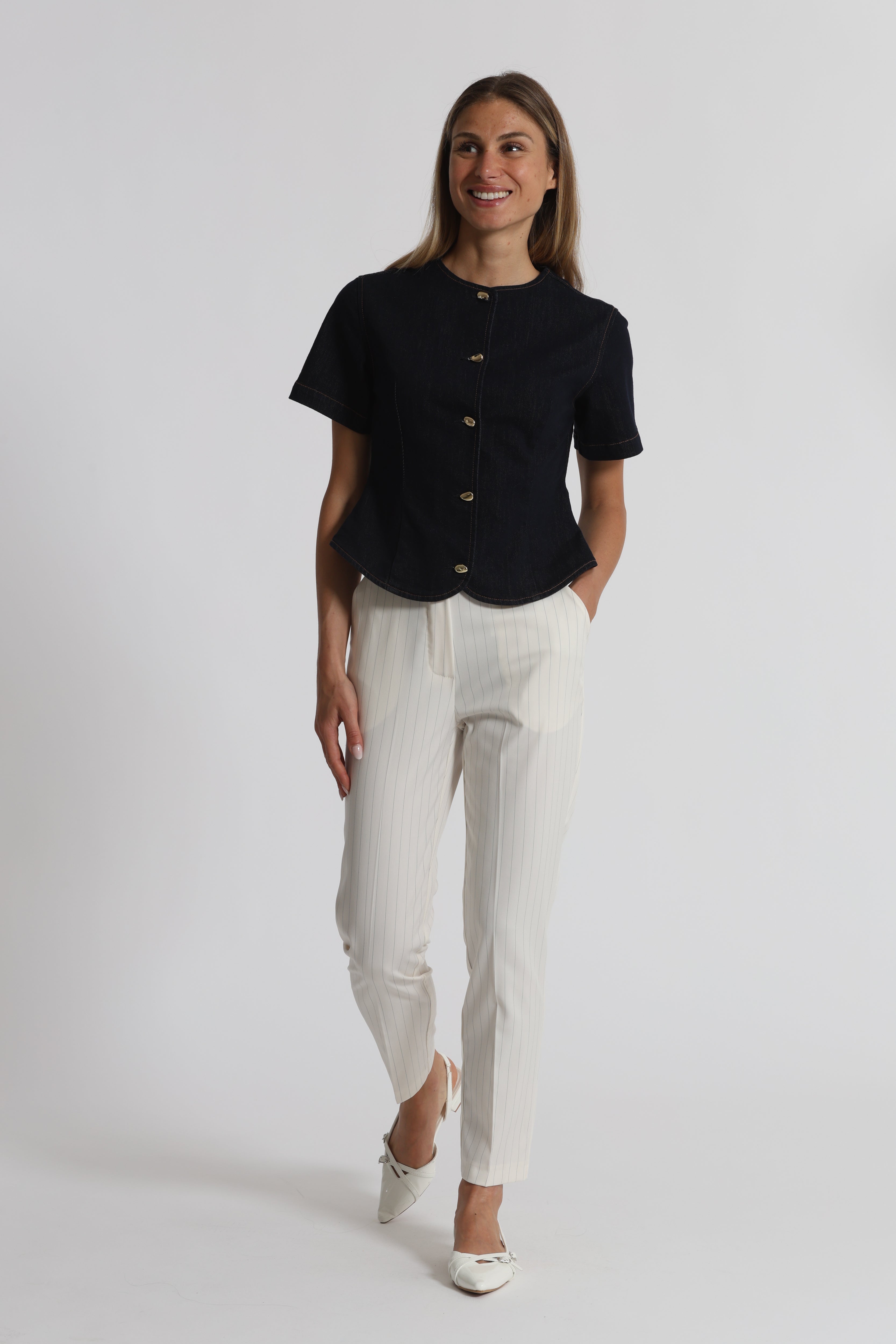 Mimi Mua pantalone sigaretta elastico dietro gessato latte