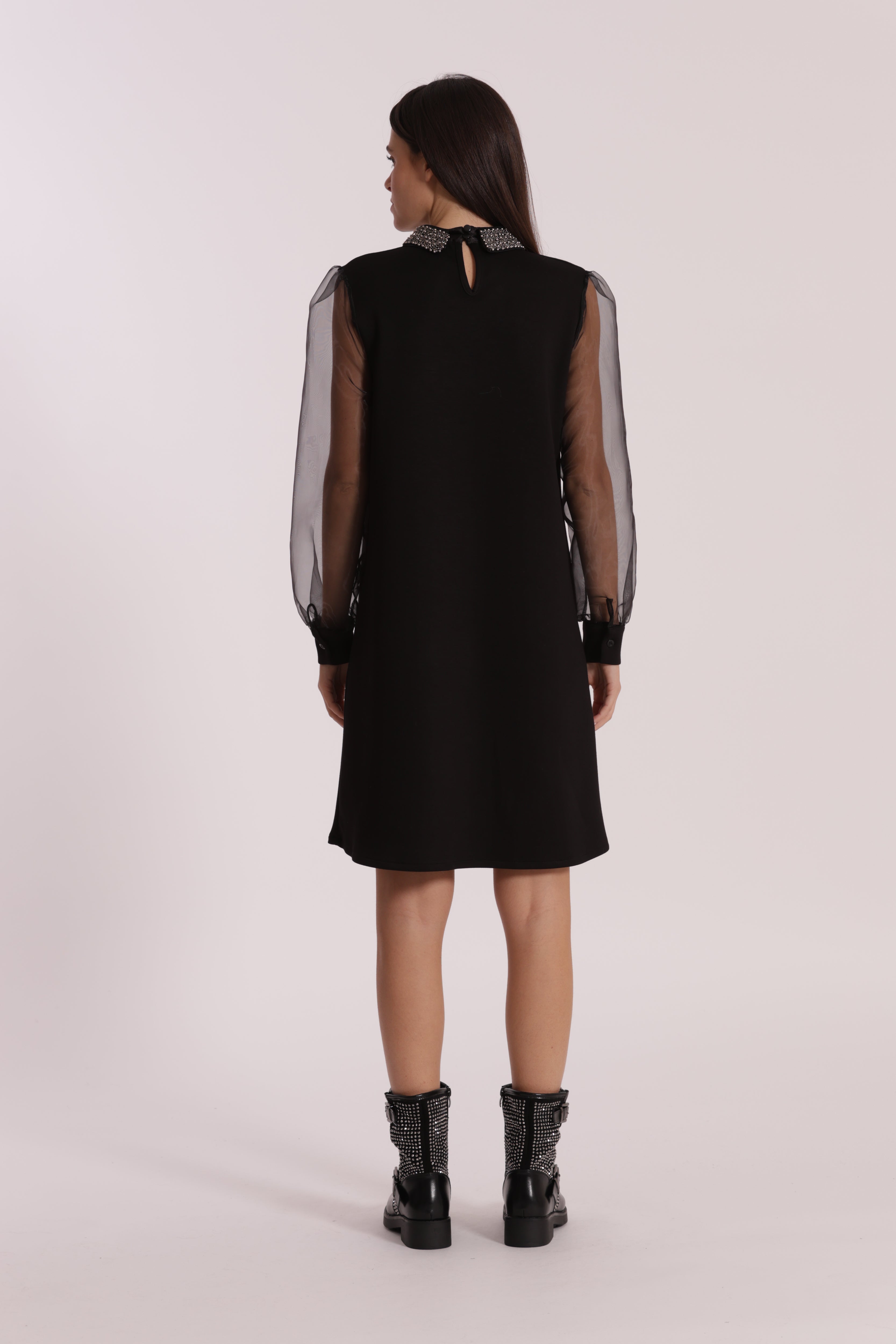 Mimi Mua Abito Corto Organza Nero Colletto Ricamato